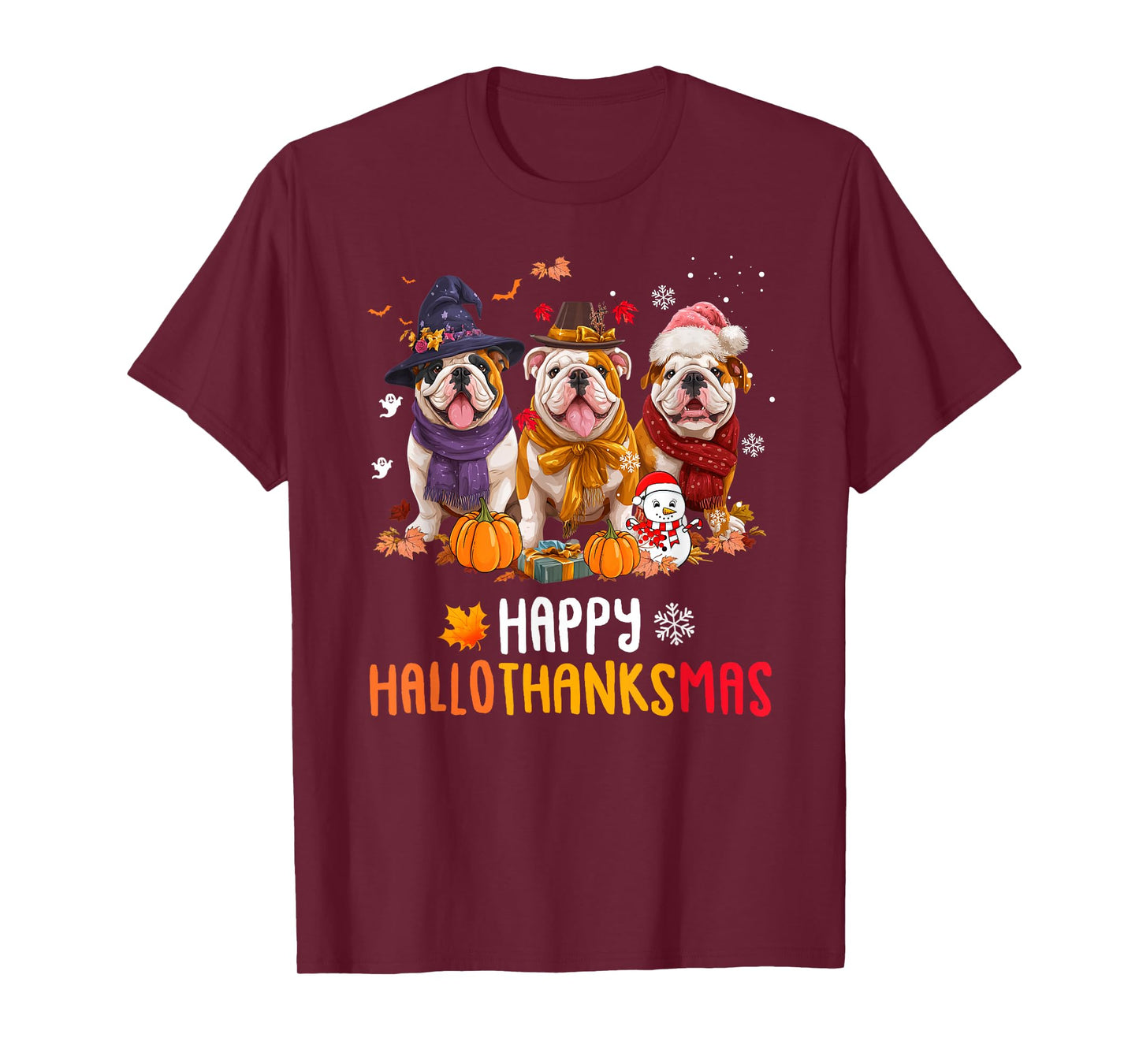 Bulldog Dog Christmas Happy Hallothankmas Thanksgiving T-Shirt