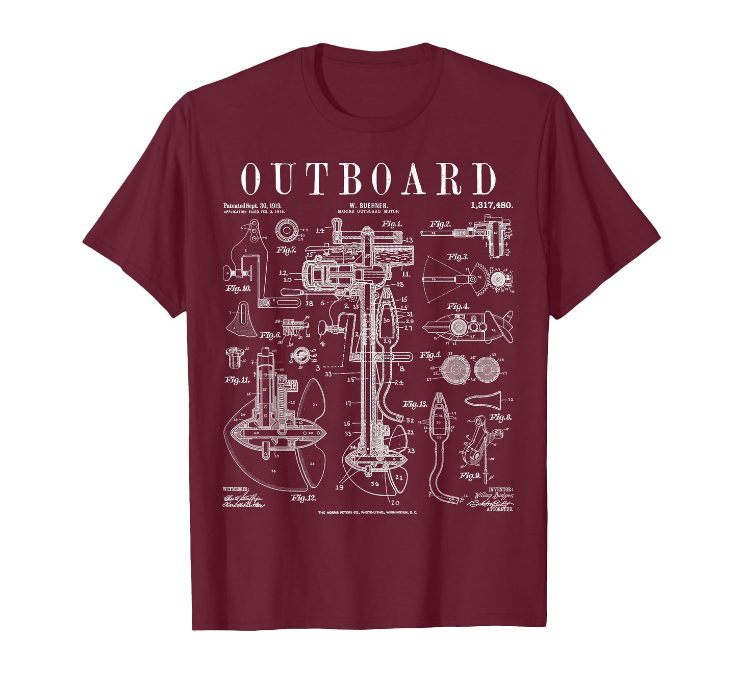 Fishing Boat Outboard Marine Motor Vintage Patent Print T-Shirt