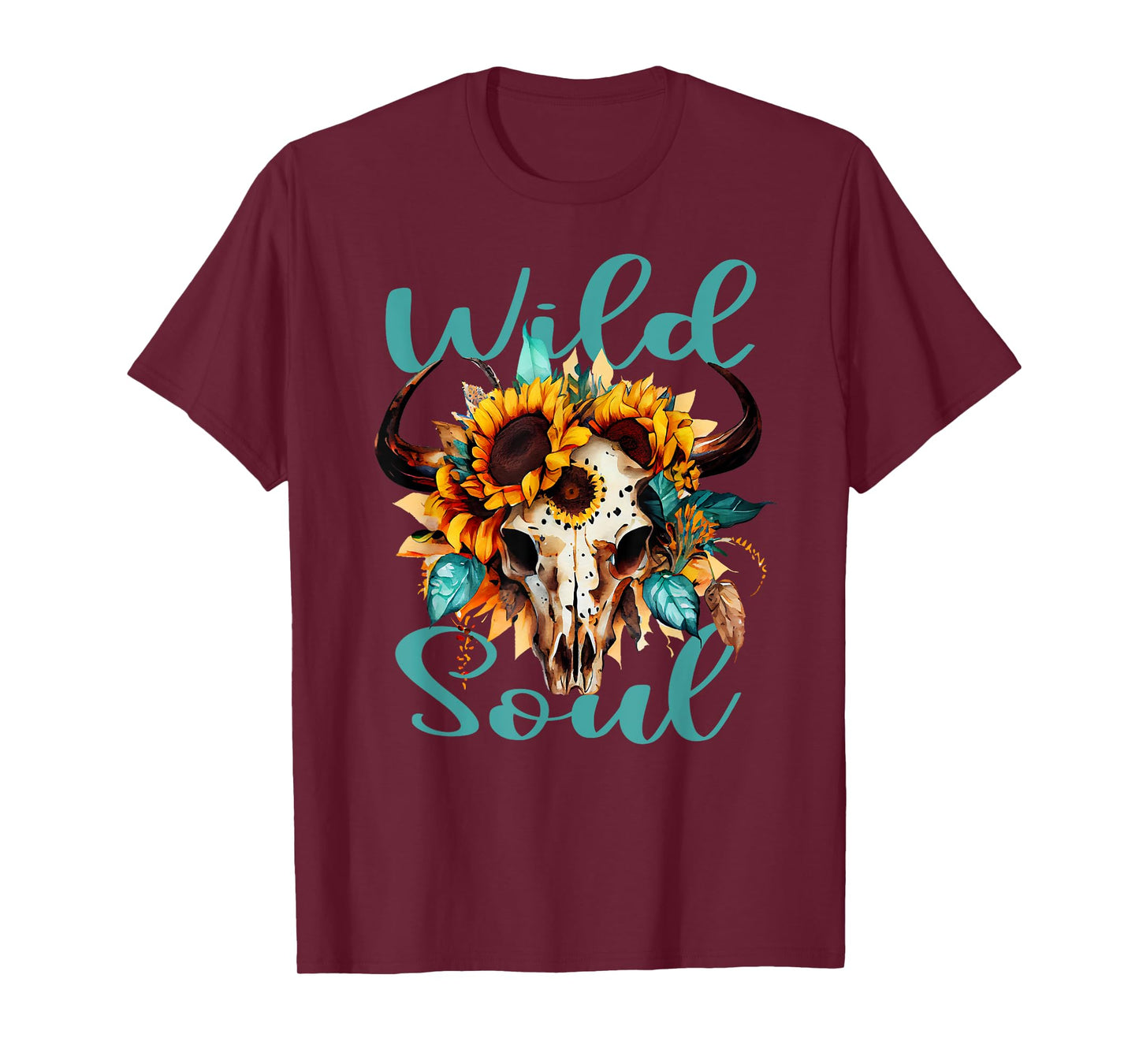 Wild Soul Women Vintage Western Sunflower Boho Cow Skull T-Shirt