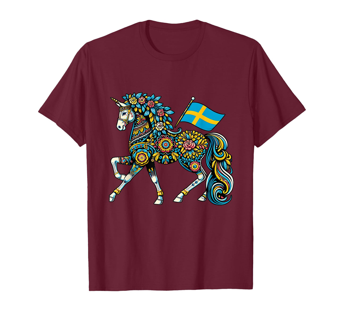 Swedish Dala Horse Folk Art Sweden Flag Dalahelmsoljd Horse T-Shirt