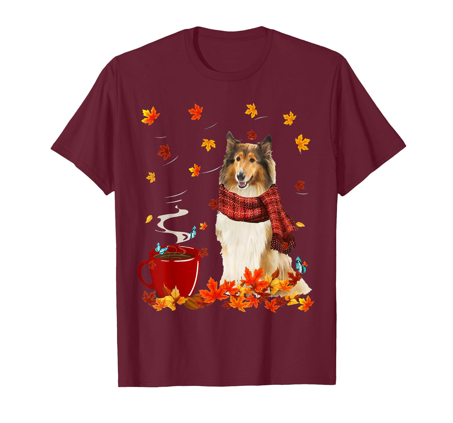 Rough Collie Fall Red Scarf Autumn Leaf For Dog Lover T-Shirt