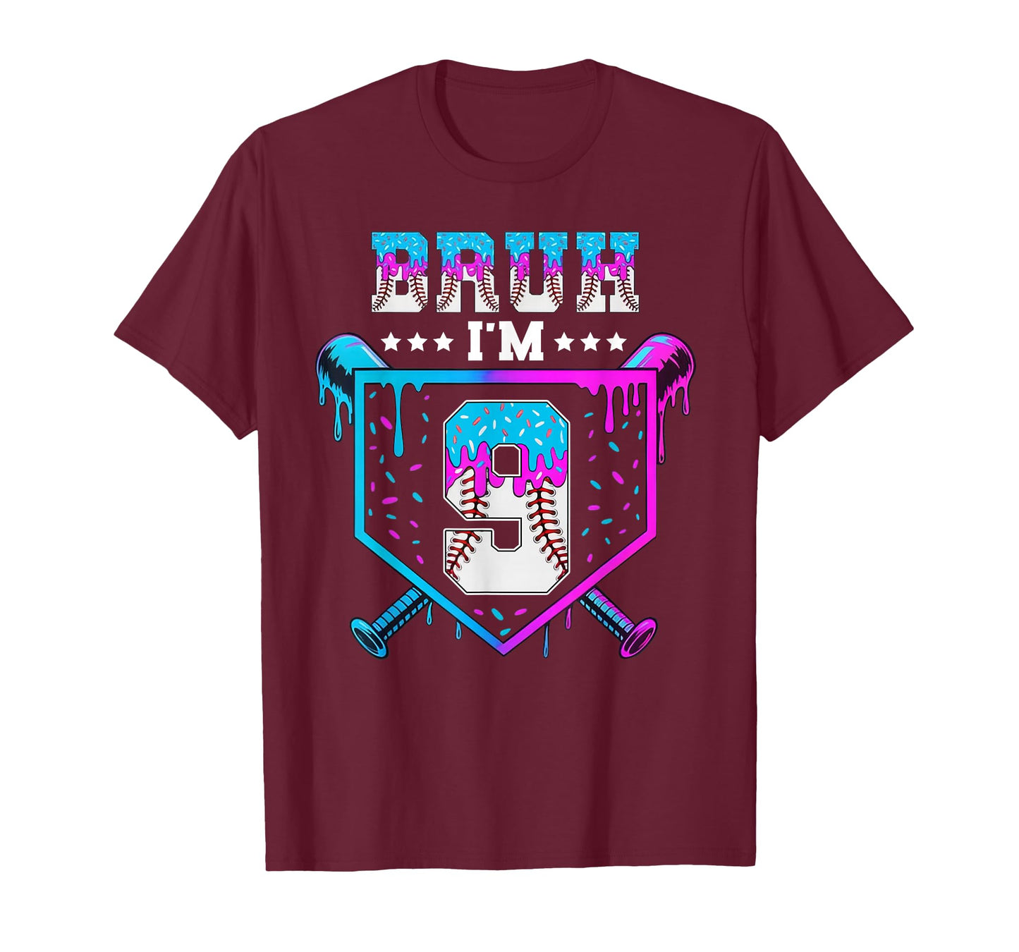Bruh 9th Birthday Boy Baseball Ice Cream Drip 9 Year Old Boy T-Shirt