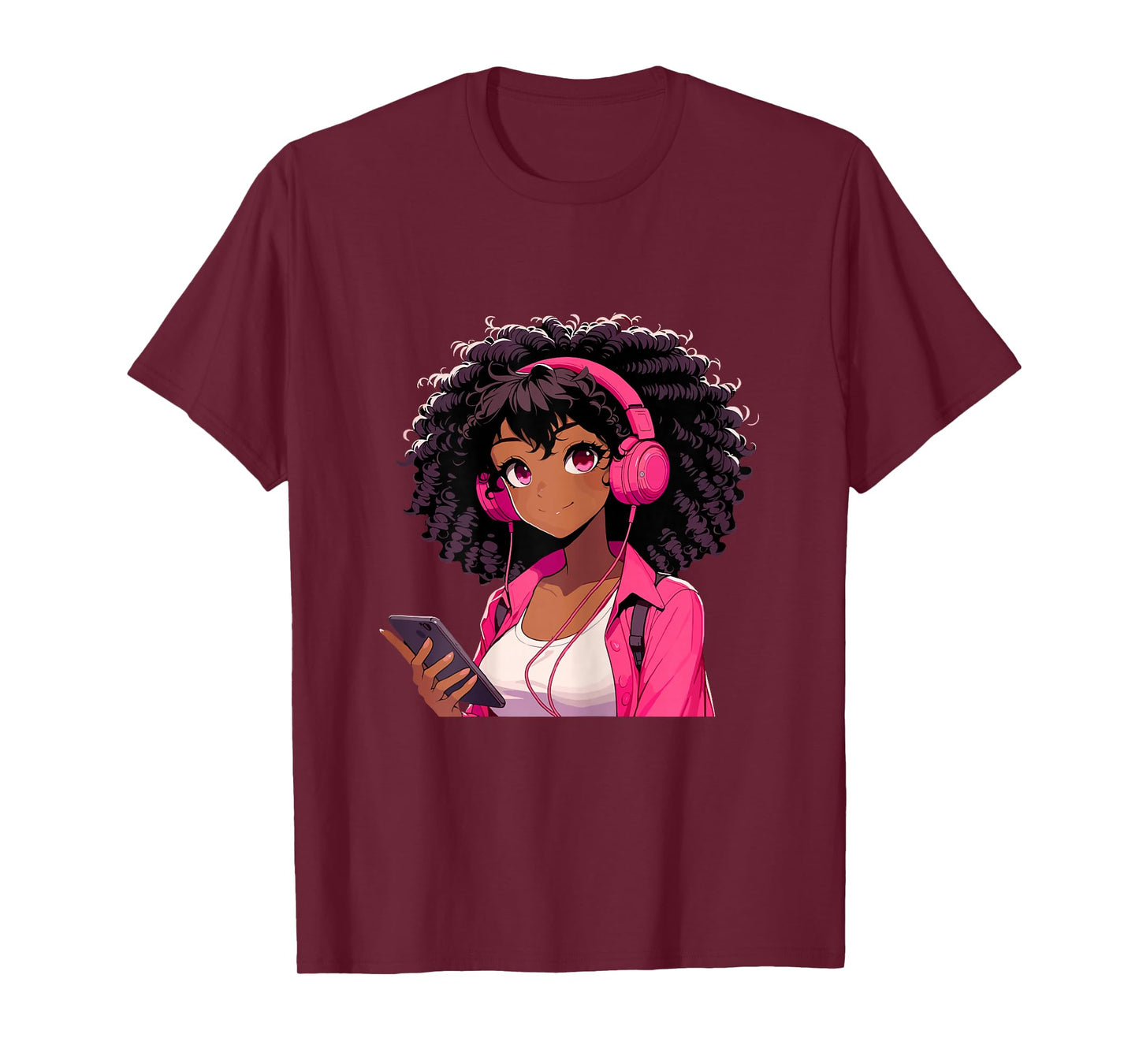 Black Girl Anime Music Headphones T-Shirt