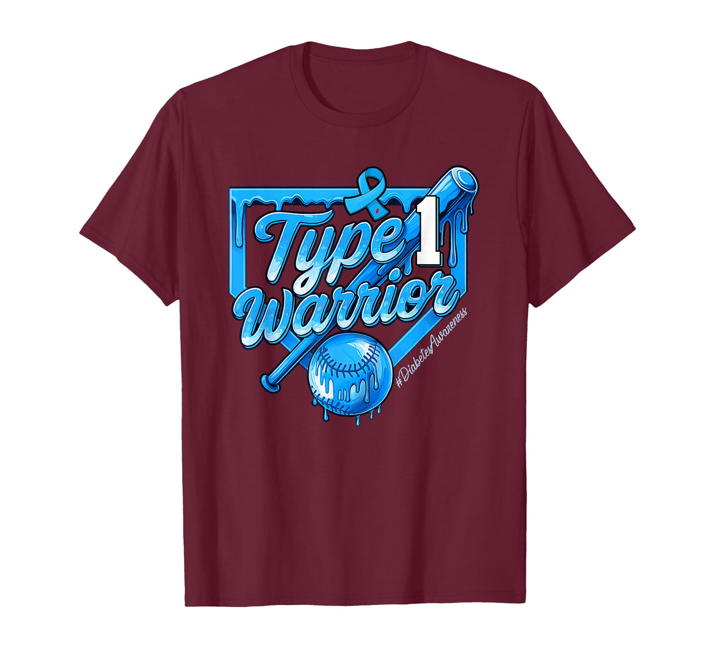 T1D Warrior Baseball Drip Boys Home Plate Blue Ribbon T-Shirt