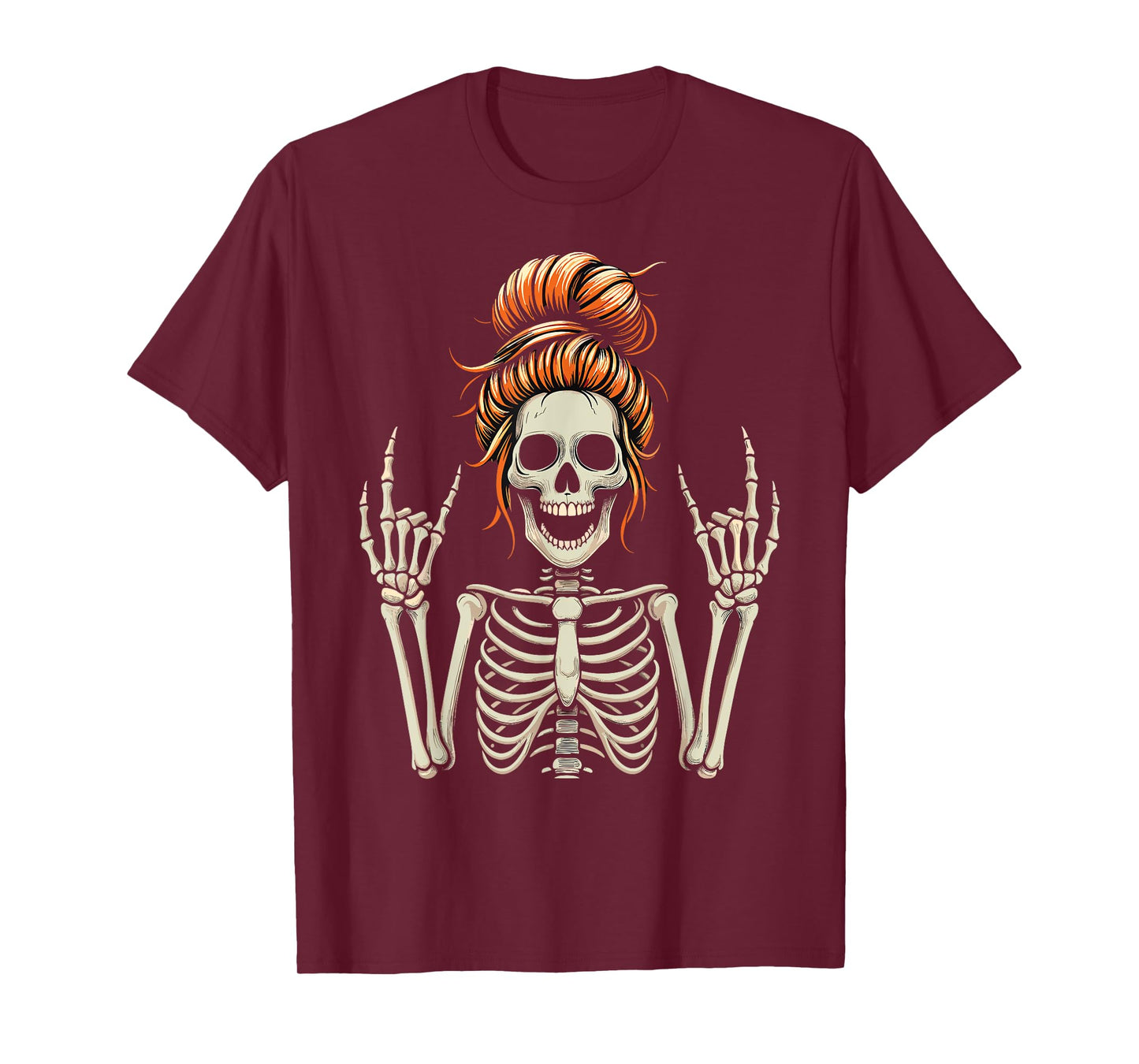 Rocker Messy Bun Skeleton Cool Halloween Punk Rock T-Shirt