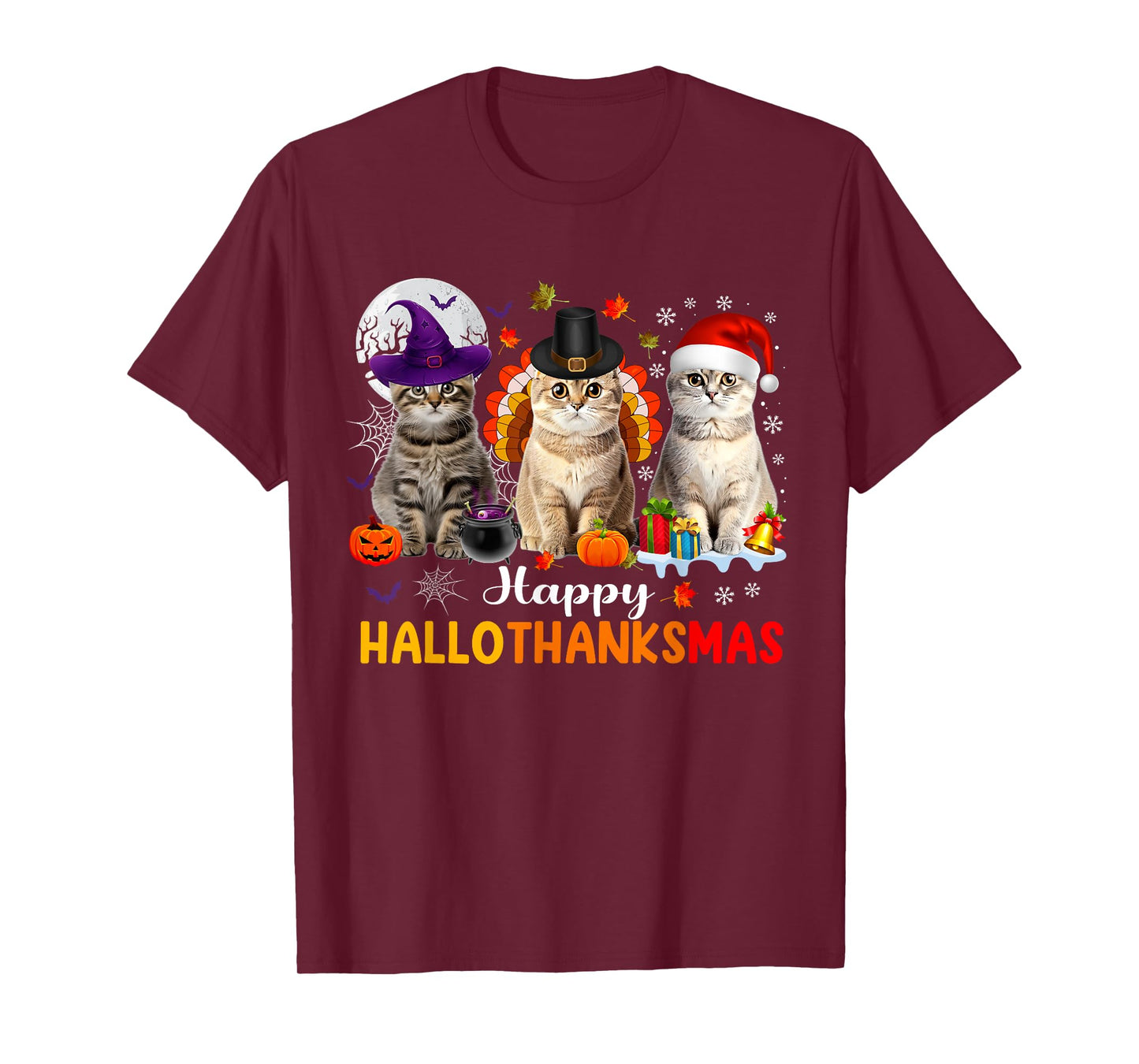 Happy Hallothanksmas Cats Halloween Thanksgiving Christmas T-Shirt