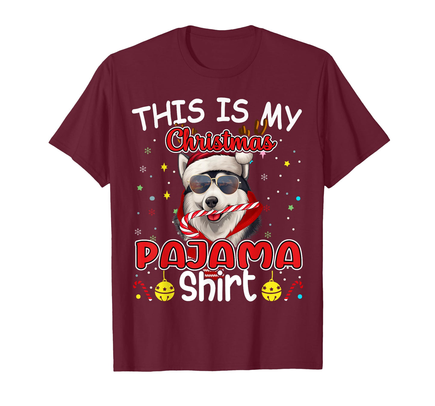 Siberian Husky Christmas Pajama Reindeer Men Women Boys Xmas T-Shirt