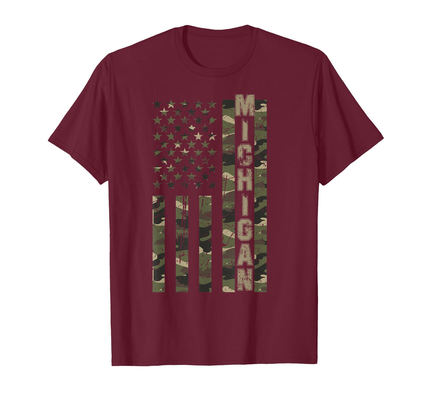 Michigan United States Distressed Camo w US Flag T-Shirt