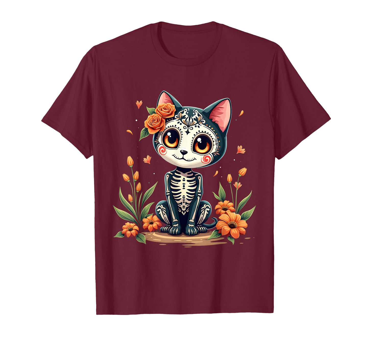 Colorful Sugar Skull Cat Tee Mexican Halloween T-Shirt