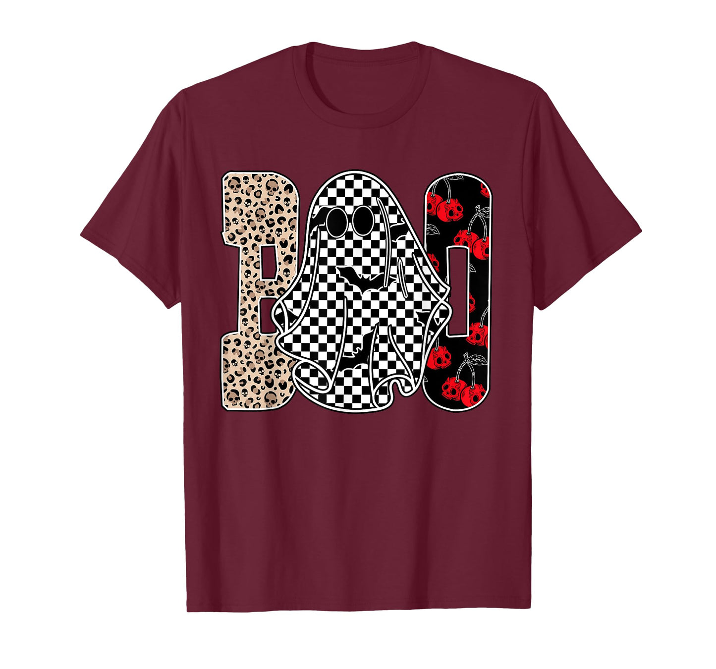 Halloween Boo Ghost Leopard Cherries Checkered Spooky Season T-Shirt