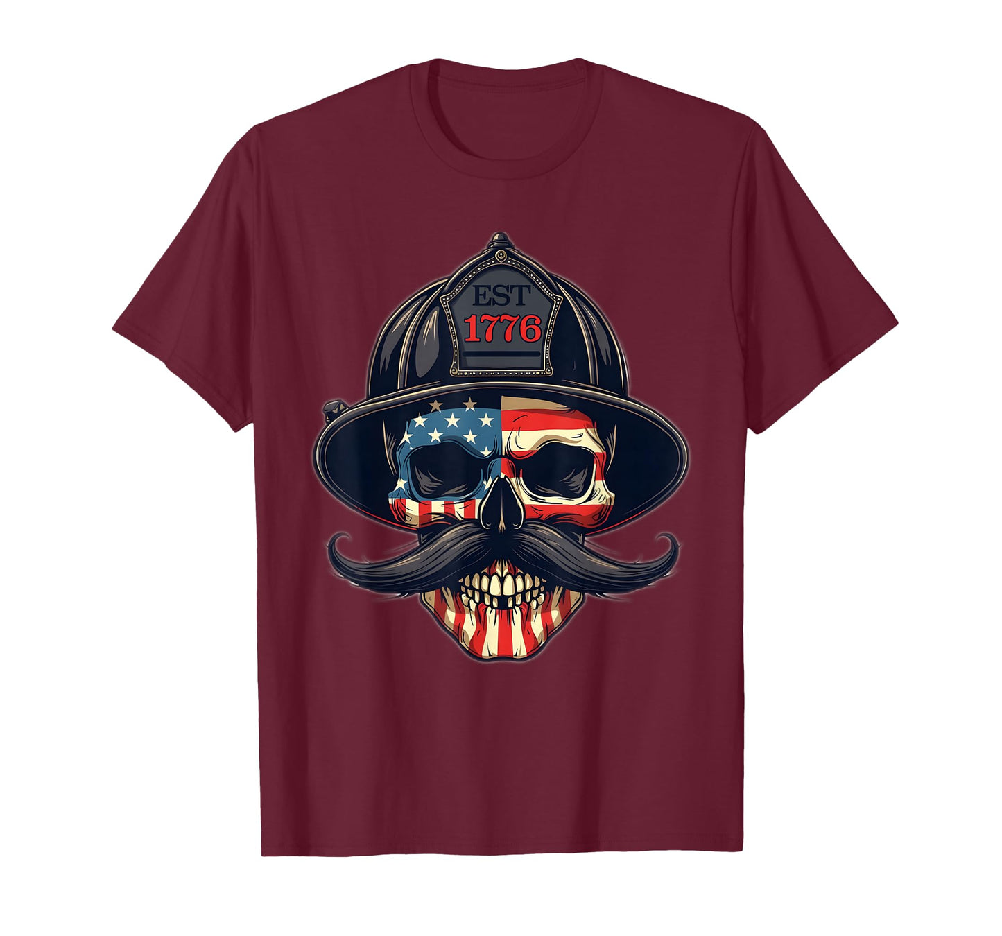Firefighter Skull Mustache Fire Fighter Fireman USA Flag T-Shirt