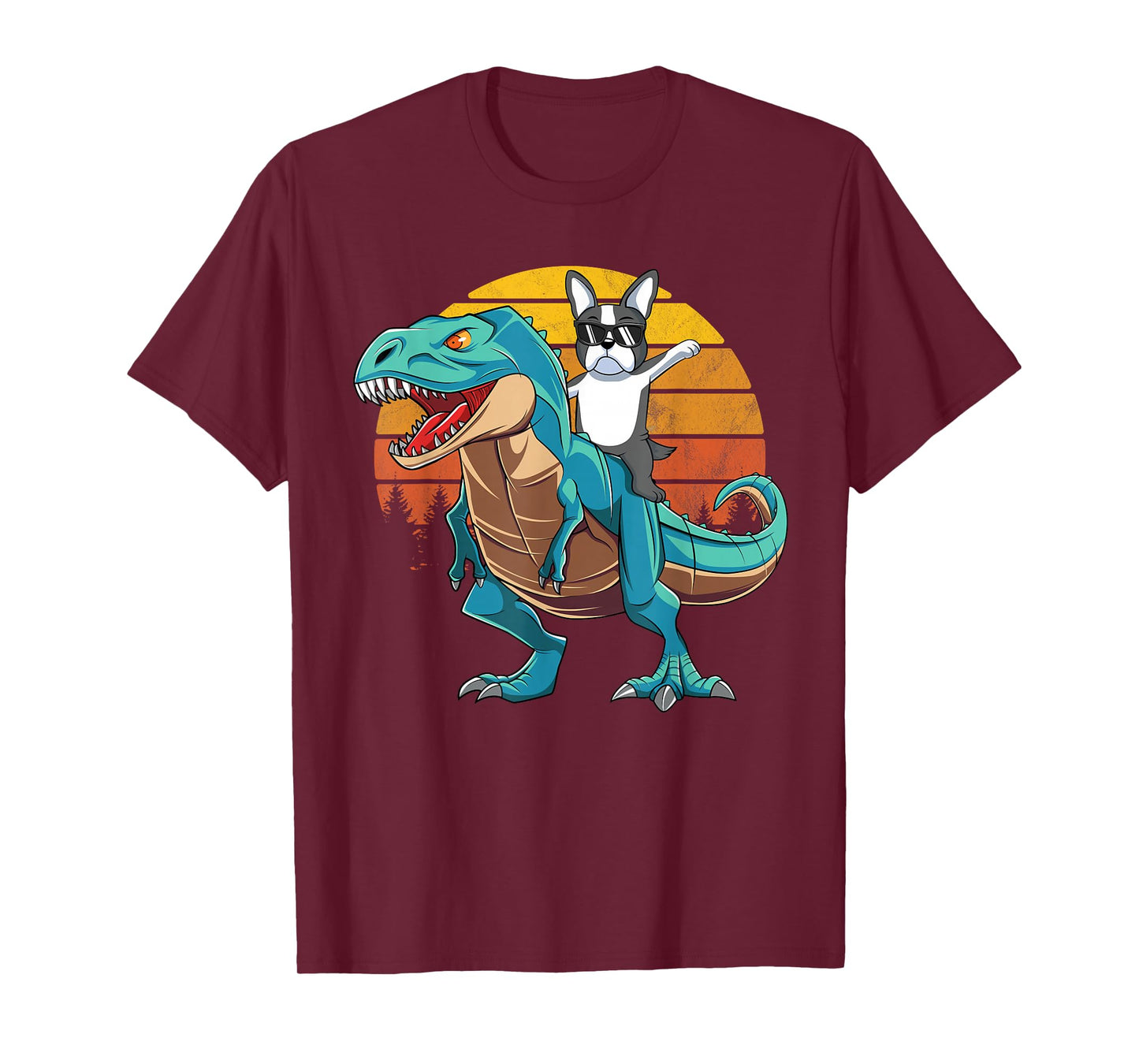 Boston Terrier Dog Riding Dinosaur T Rex Boys T-Shirt