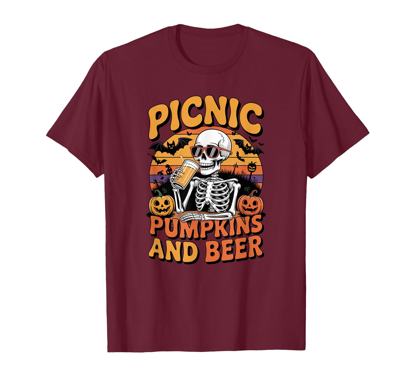 Halloween Tee Skeleton Picnic Pumpkins and Beer Retro T-Shirt