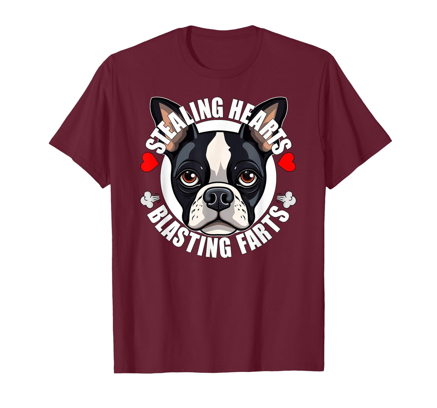 Funny Boston Terrier Stealing Hearts Blasting Farts Cute Dog Men Women Girls Kids T-Shirt
