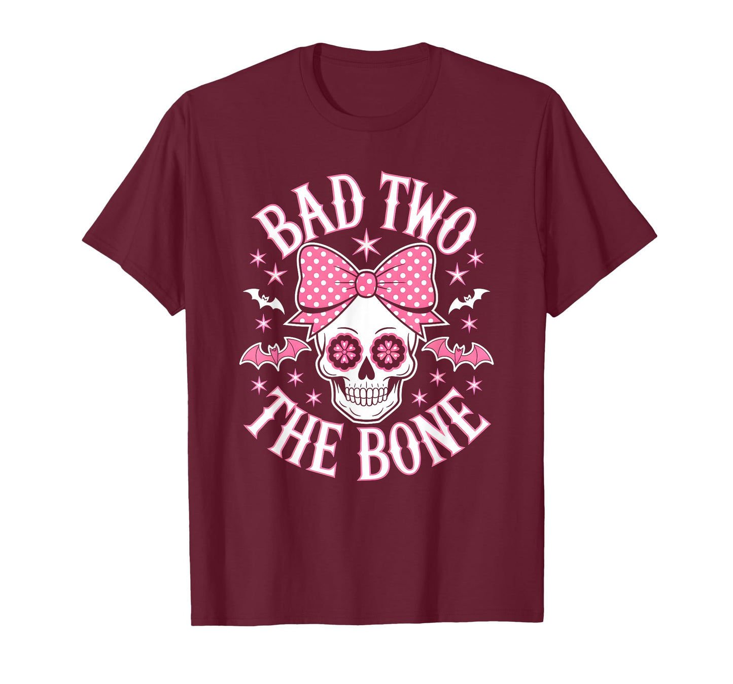 Bad Two The Bone Skull Pink Bow Stars T-Shirt