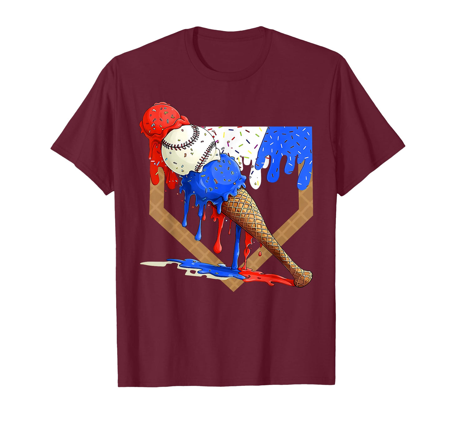 Baseball Home Plate Ice Cream Drip Red White Blue T-Shirt