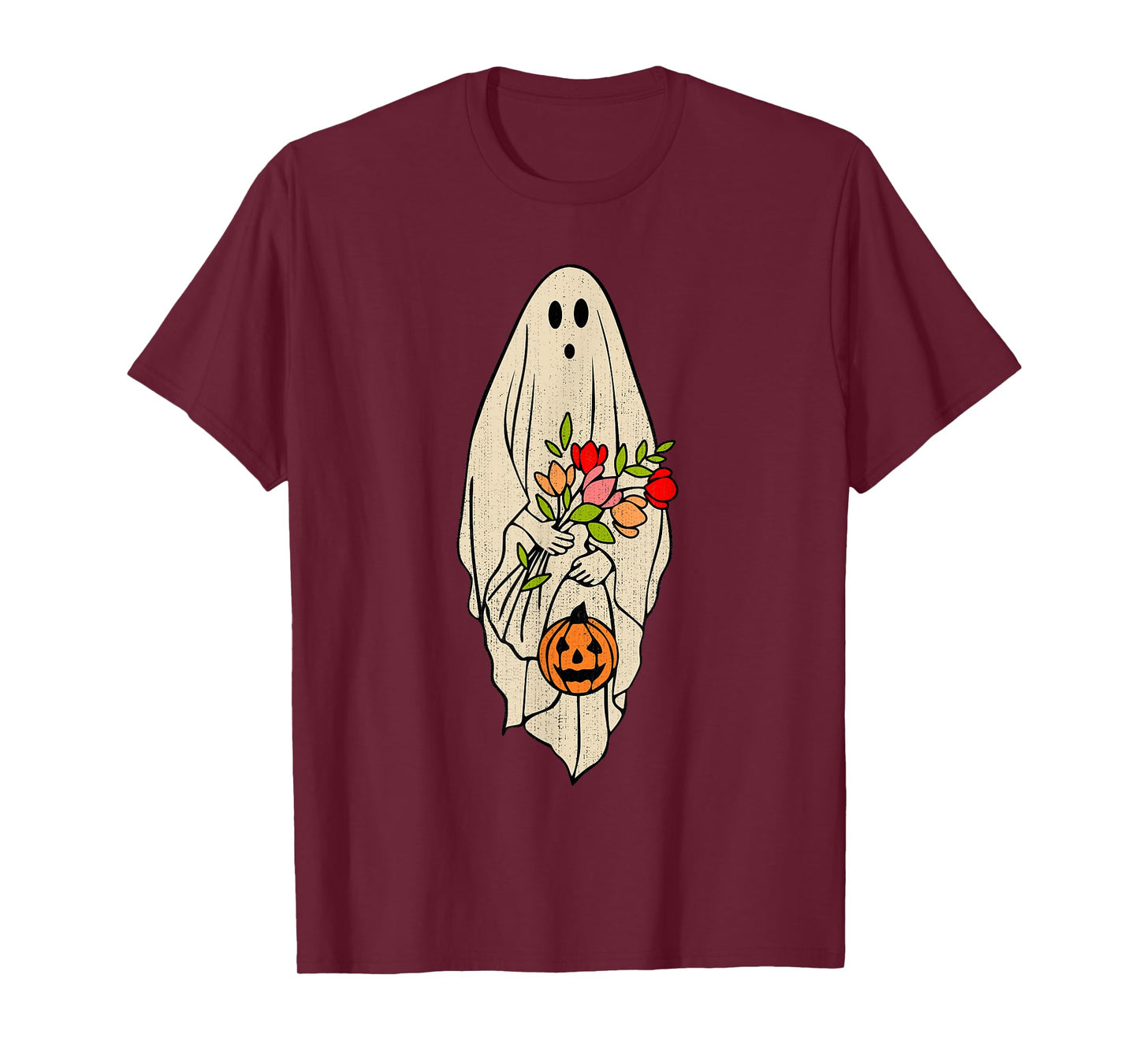 Retro Vintage Ghost Floral Pumpkin Halloween Womens Girls T-Shirt