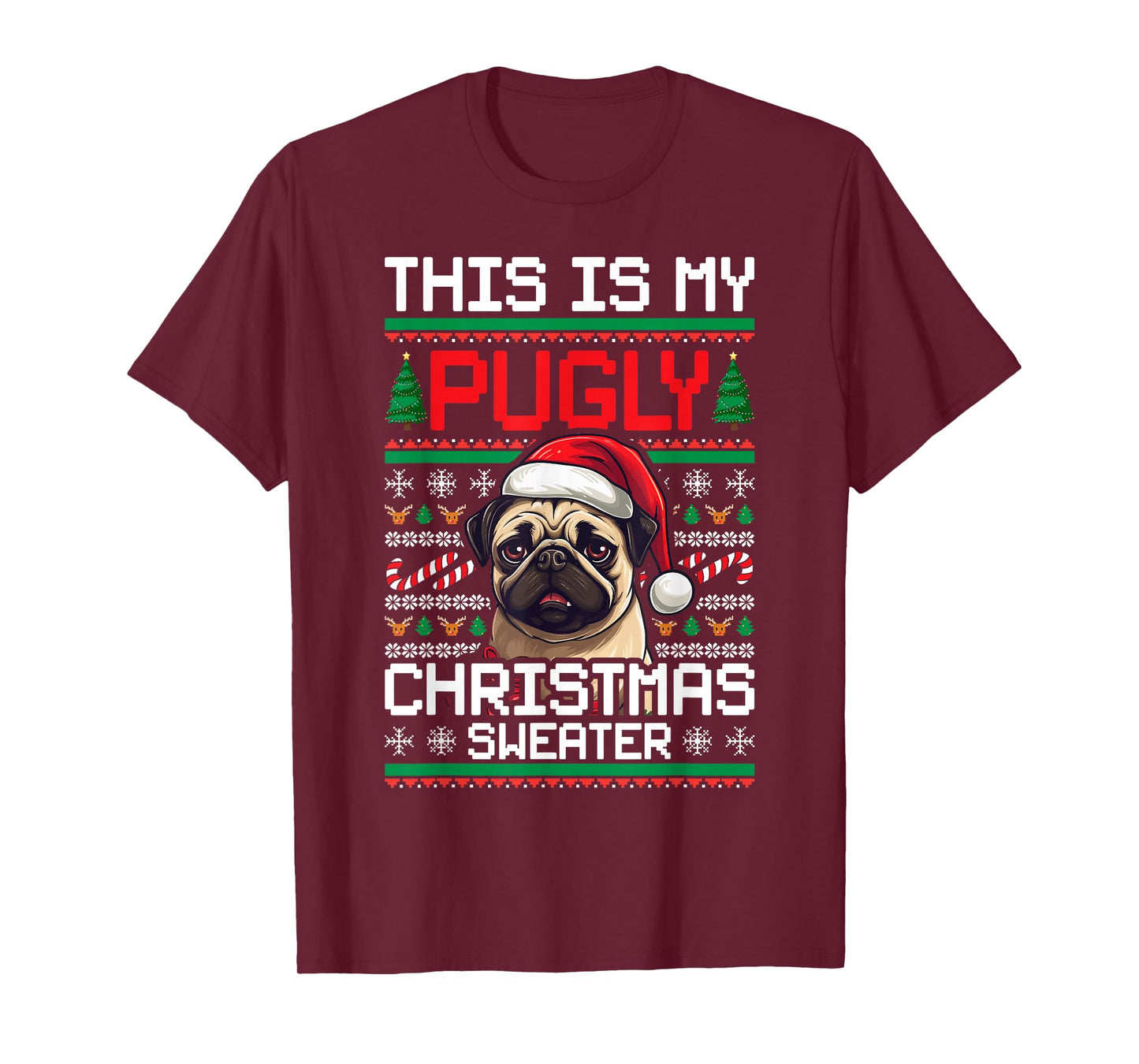 Ugly Christmas Sweater Pug Candy Cane Graphic T-Shirt