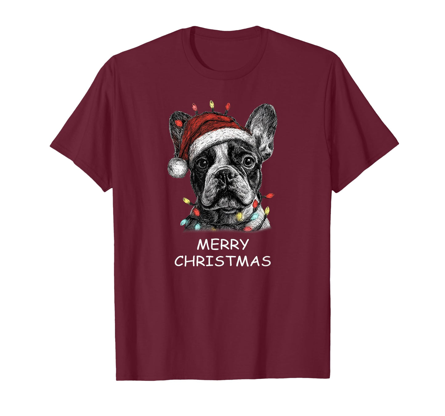 Funny French Bulldog Dog Santa Hat Xmas Lights Christmas T-Shirt