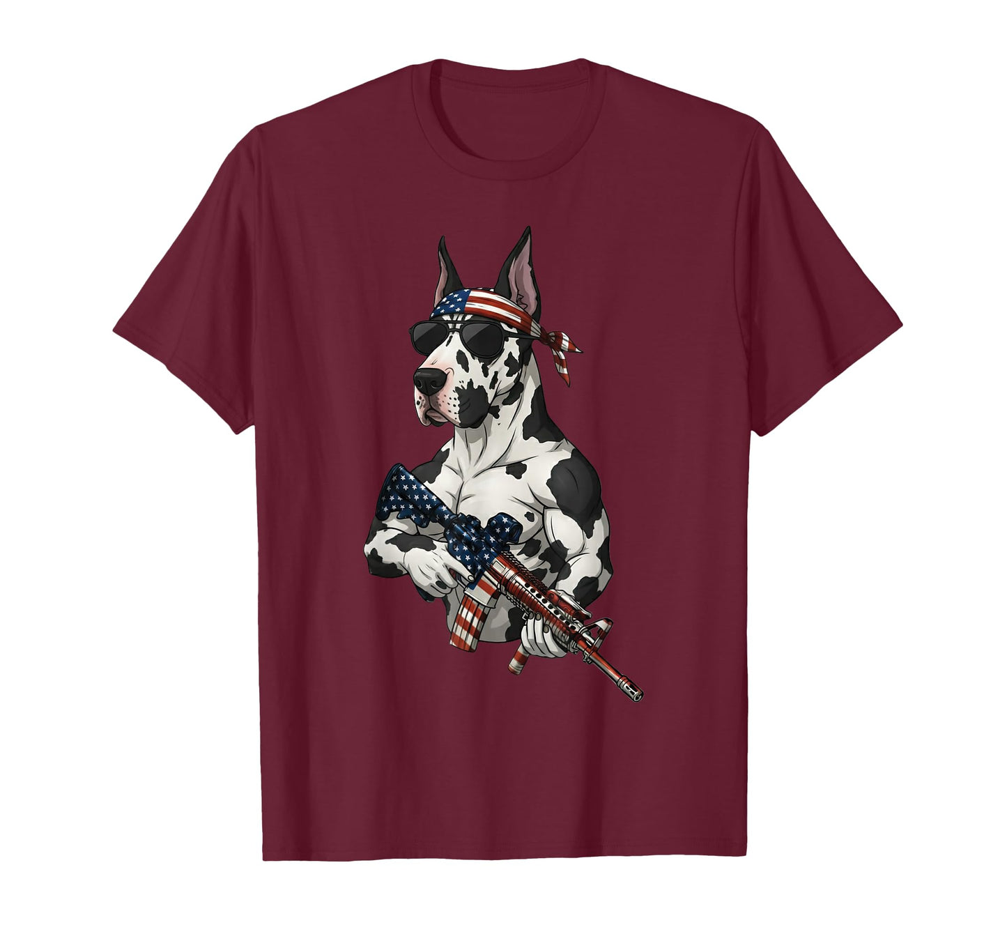 Funny Patriotic Great Dane with Rifle USA Flag Design T-Shirt