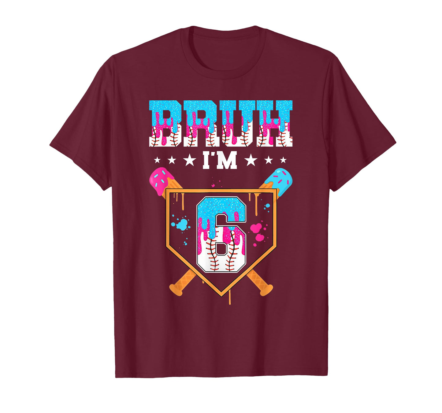 Bruh 6th Birthday Boy Baseball Ice Cream Drip 6 Year Old Boy T-Shirt