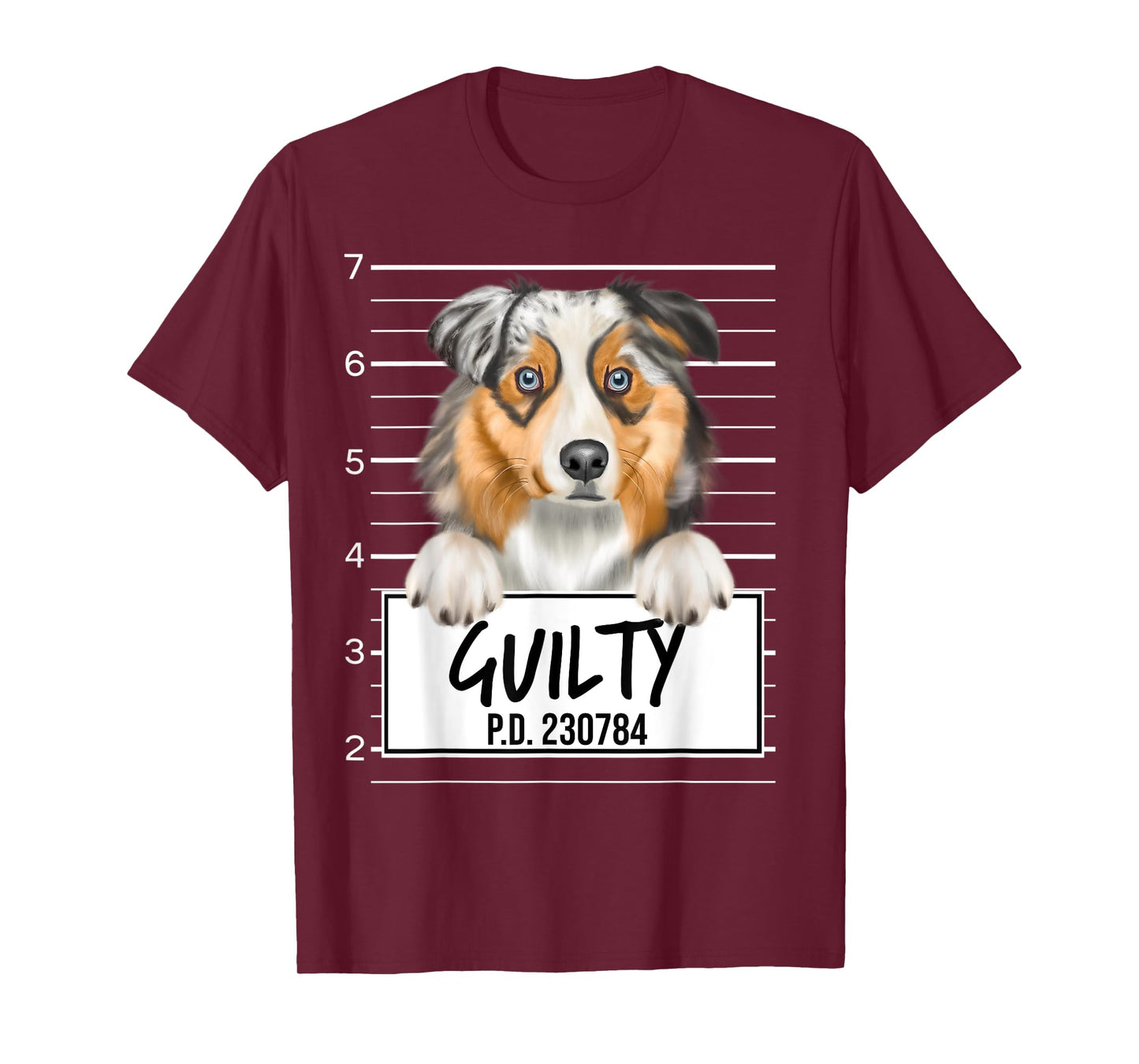 Funny Australian Shepherd Mugshot Guilty Dog Men Women Kids T-Shirt