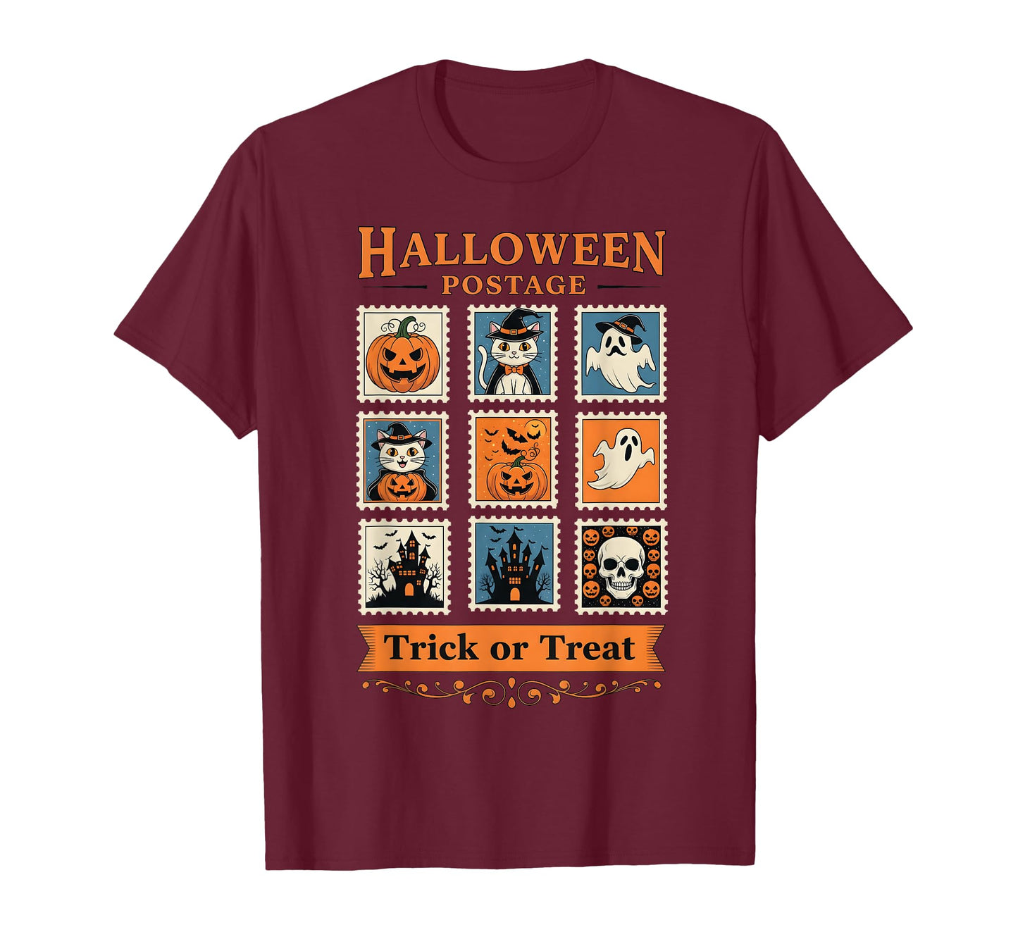 Halloween Postage Trick or Treat Ghost Skull Cat T-Shirt