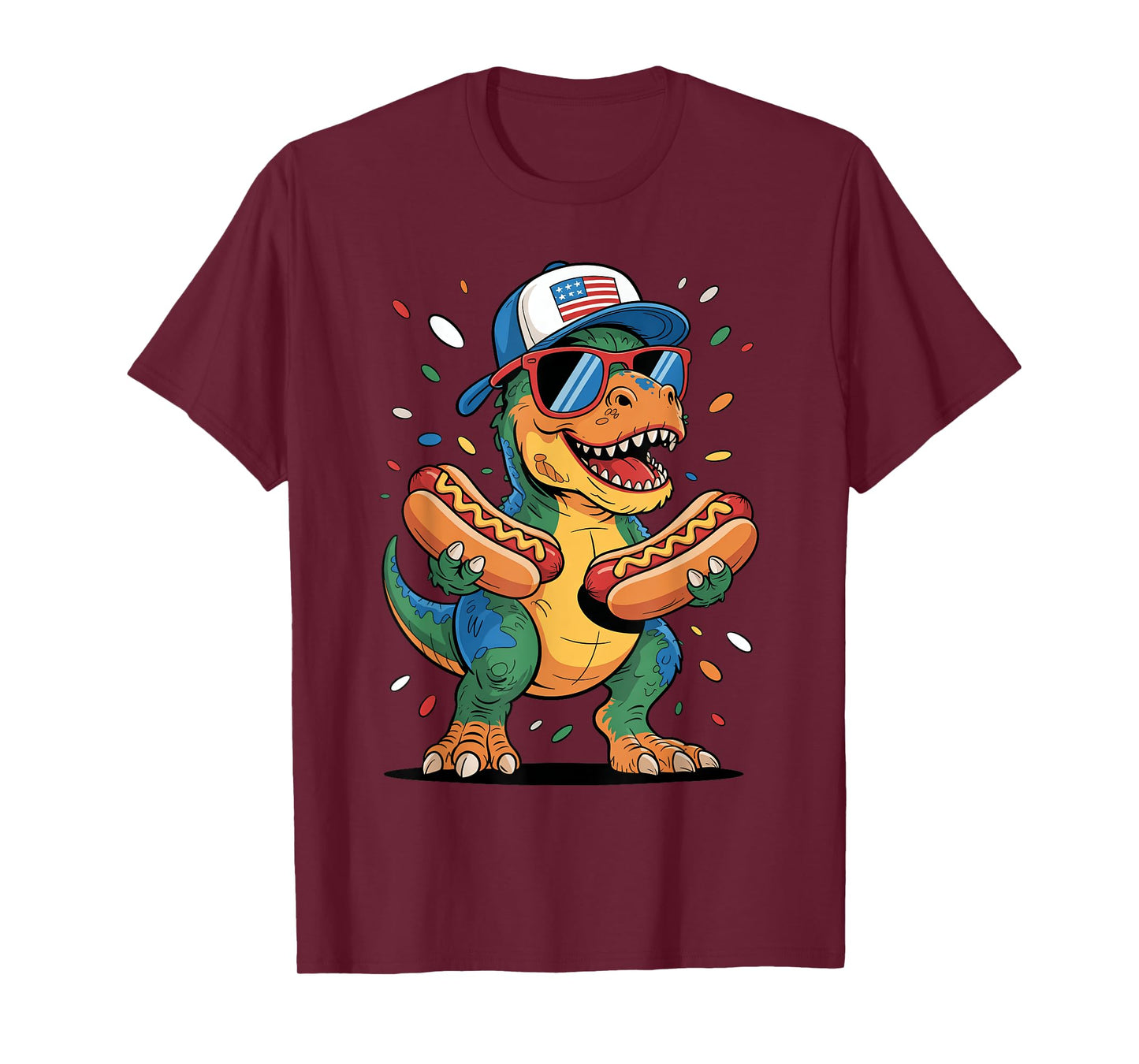 T Rex Dinosaur With Hotdogs USA Flag Sunglasses 4th of July T-Shirt