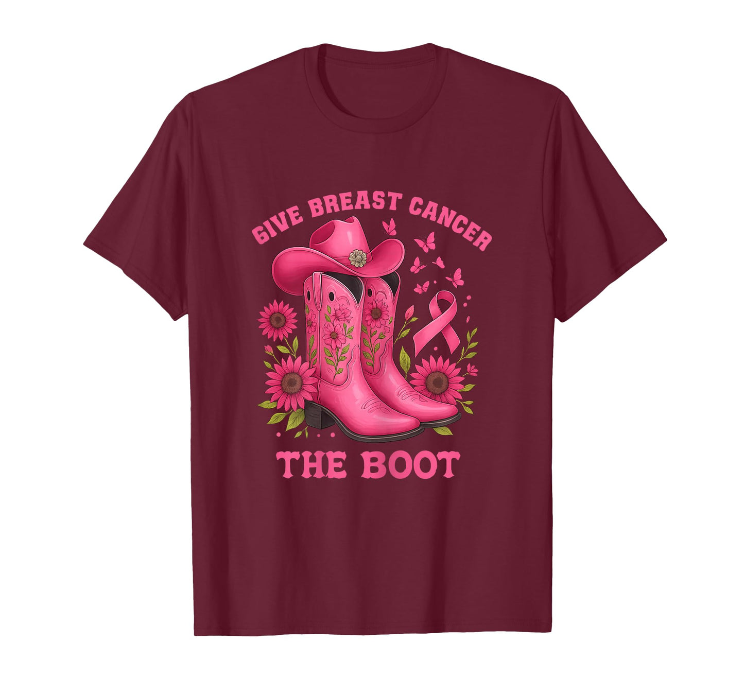 Give Breast Cancer The-Boot Floral Pink Cowboy Theme T-Shirt
