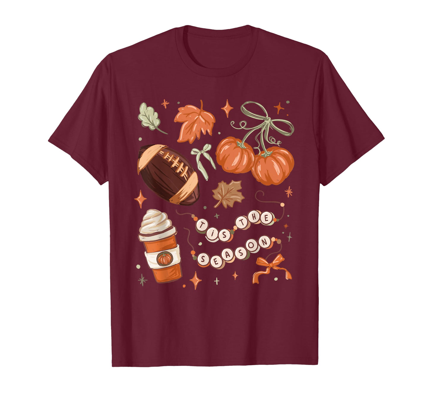 Tis The Season Fall Autumn Football Pumpkin Coffee Leaves T-Shirt