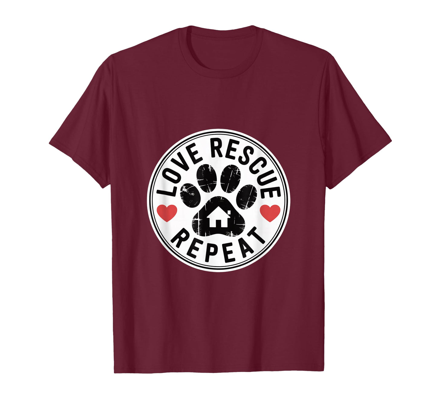 Love Rescue Repeat Paw Print Design with Hearts and Home T-Shirt