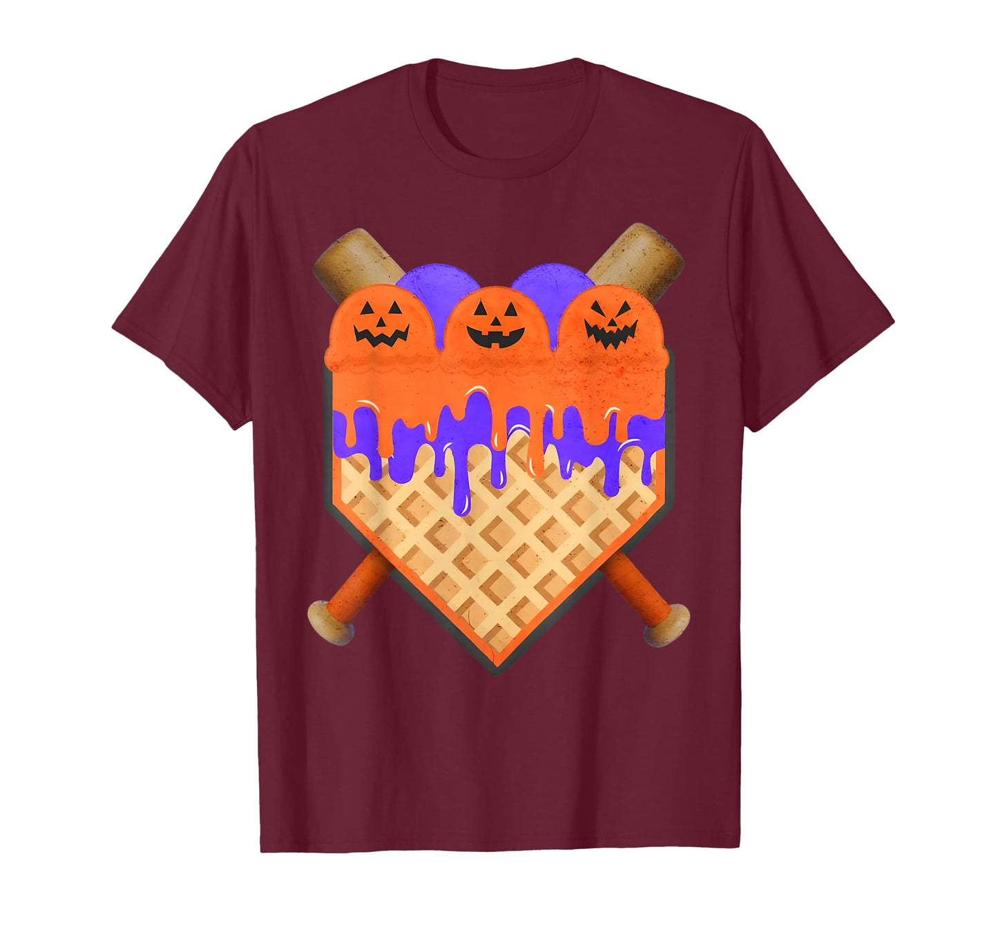 Baseball Home Plate Ice Cream Drip with Pumpkin Faces T-Shirt