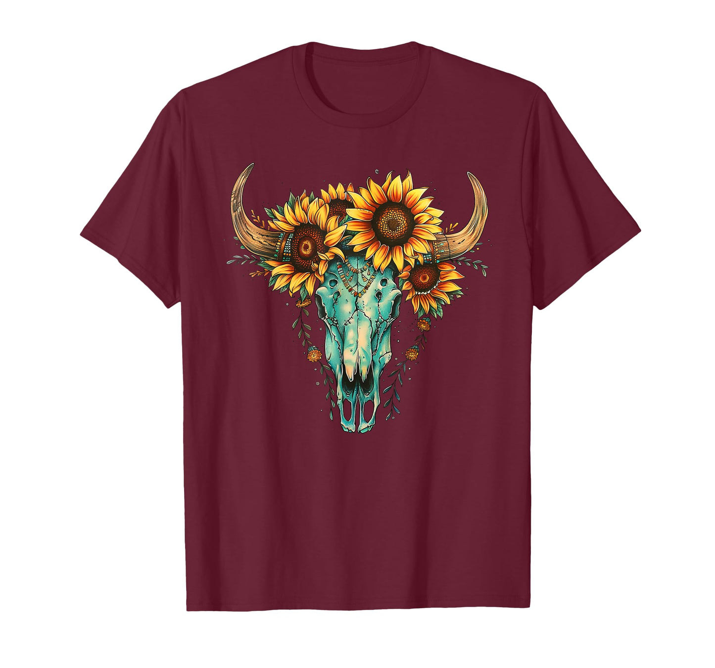 Vintage Boho Skull Western Sunflower Turquoise Bull Skull T-Shirt