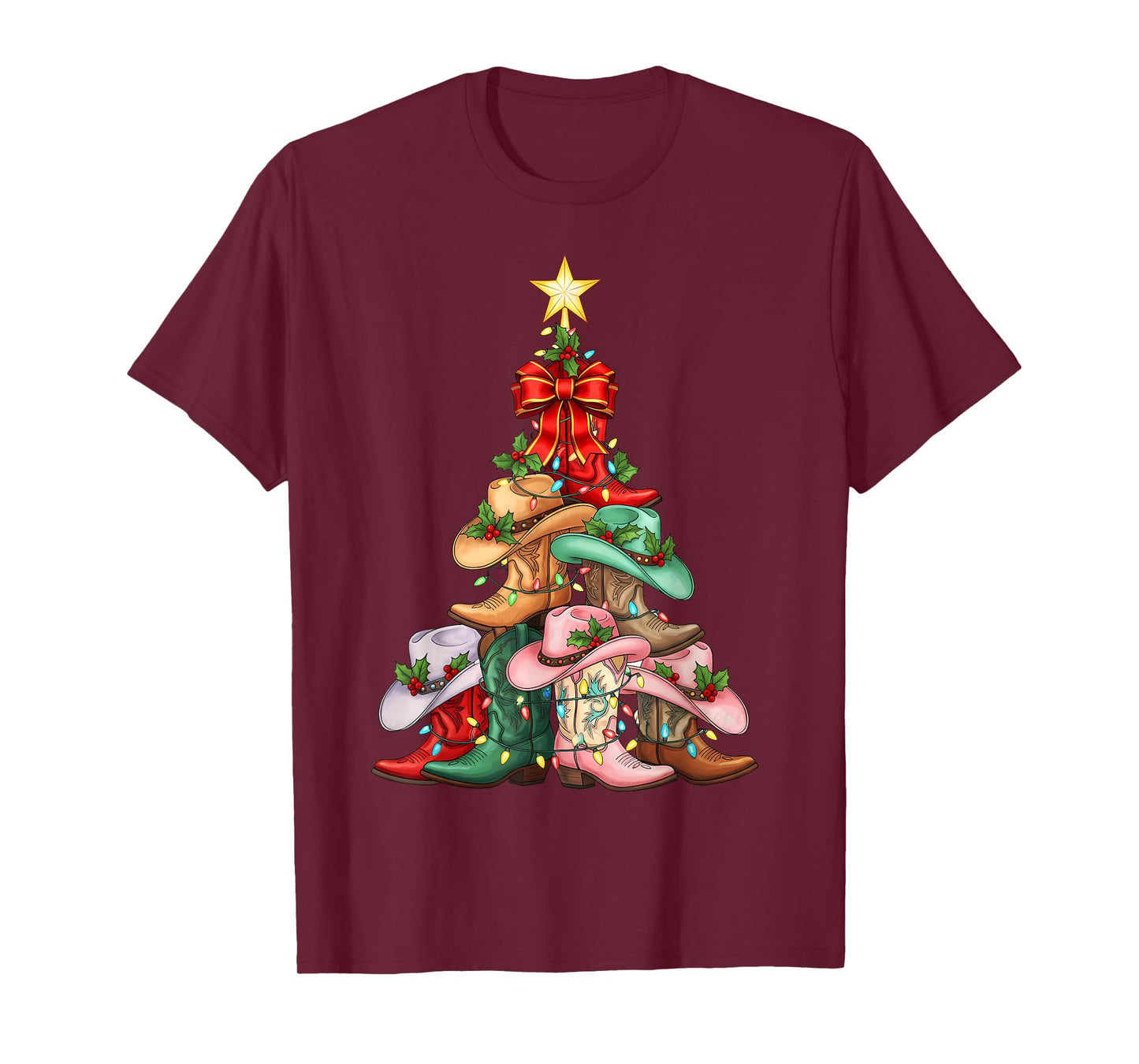 Howdy Christmas Tree Western Cowgirl Boots Xmas Lights T-Shirt