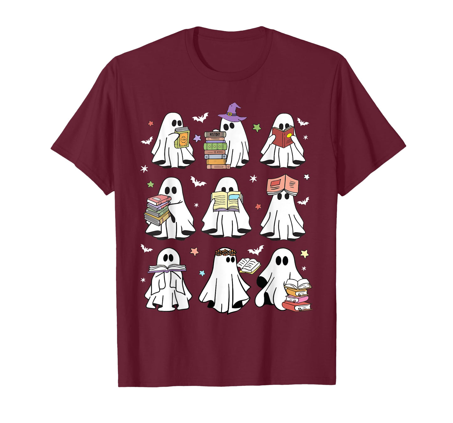 Funny Ghost Reading Book Retro Halloween Teacher T-Shirt
