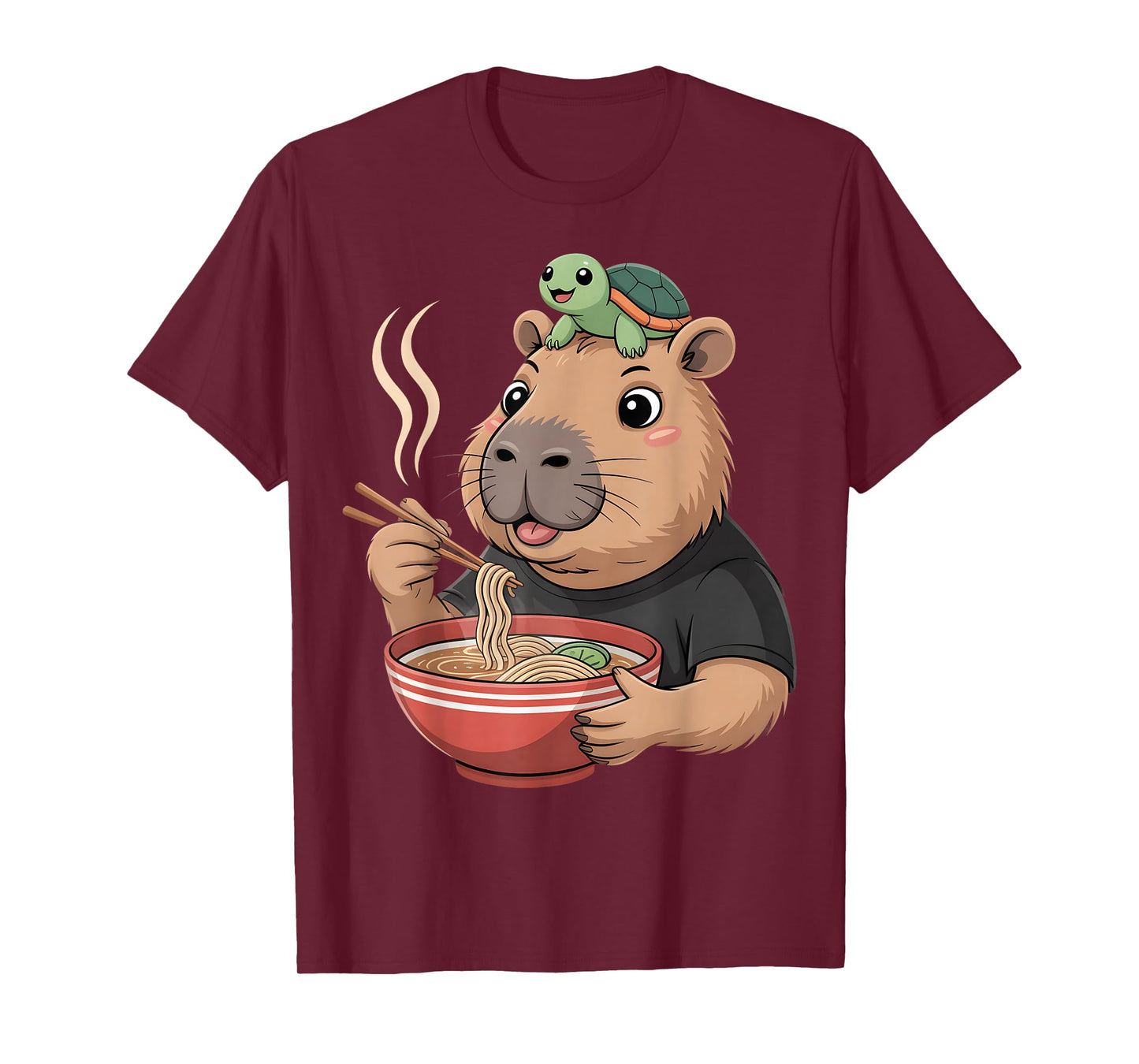 Kawaii Capybara Eating Ramen with Turtle Animal Noodle T-Shirt