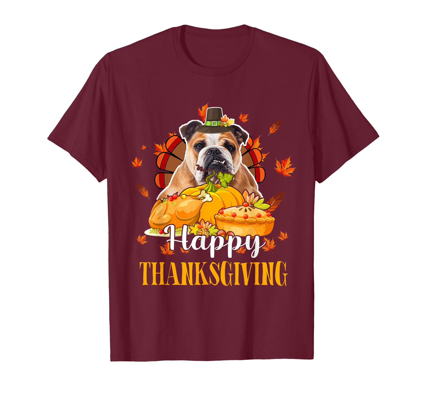 Happy Thanksgiving Turkey Bulldog Wearing Hat Fall Pumpkins T-Shirt