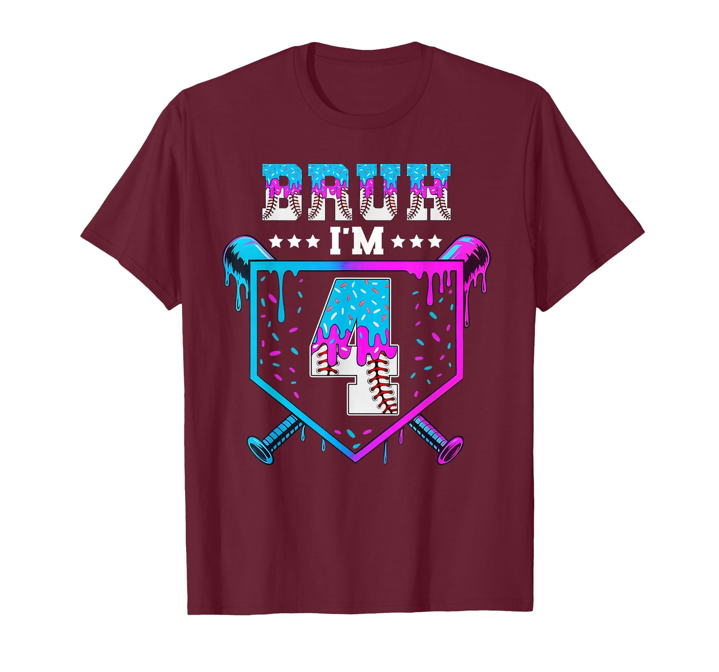 Bruh 4th Birthday Boy Baseball Ice Cream Drip 4 Year Old Boy T-Shirt