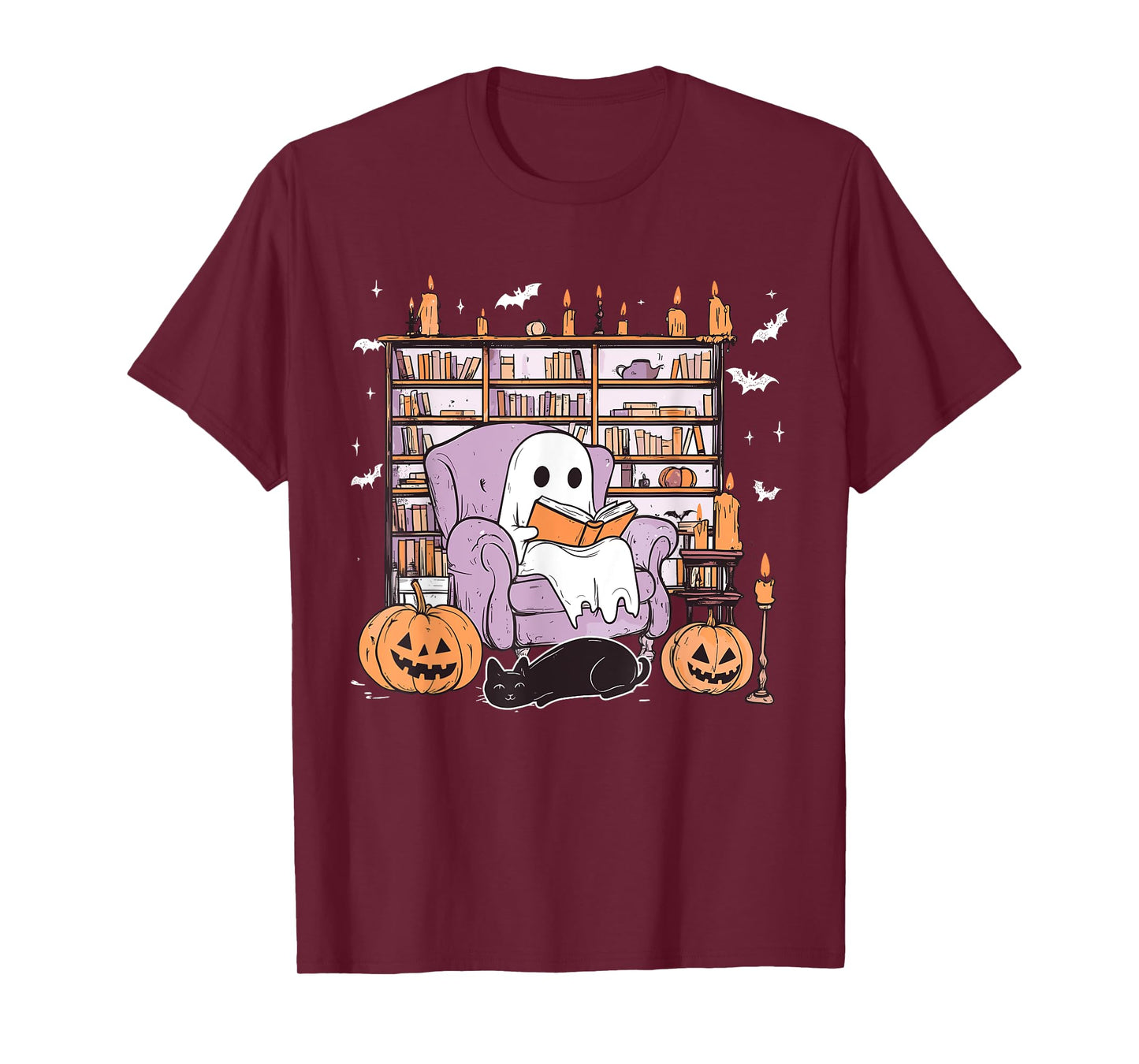 Ghost Reading Books Librarian Ghost Halloween Teacher Womens T-Shirt