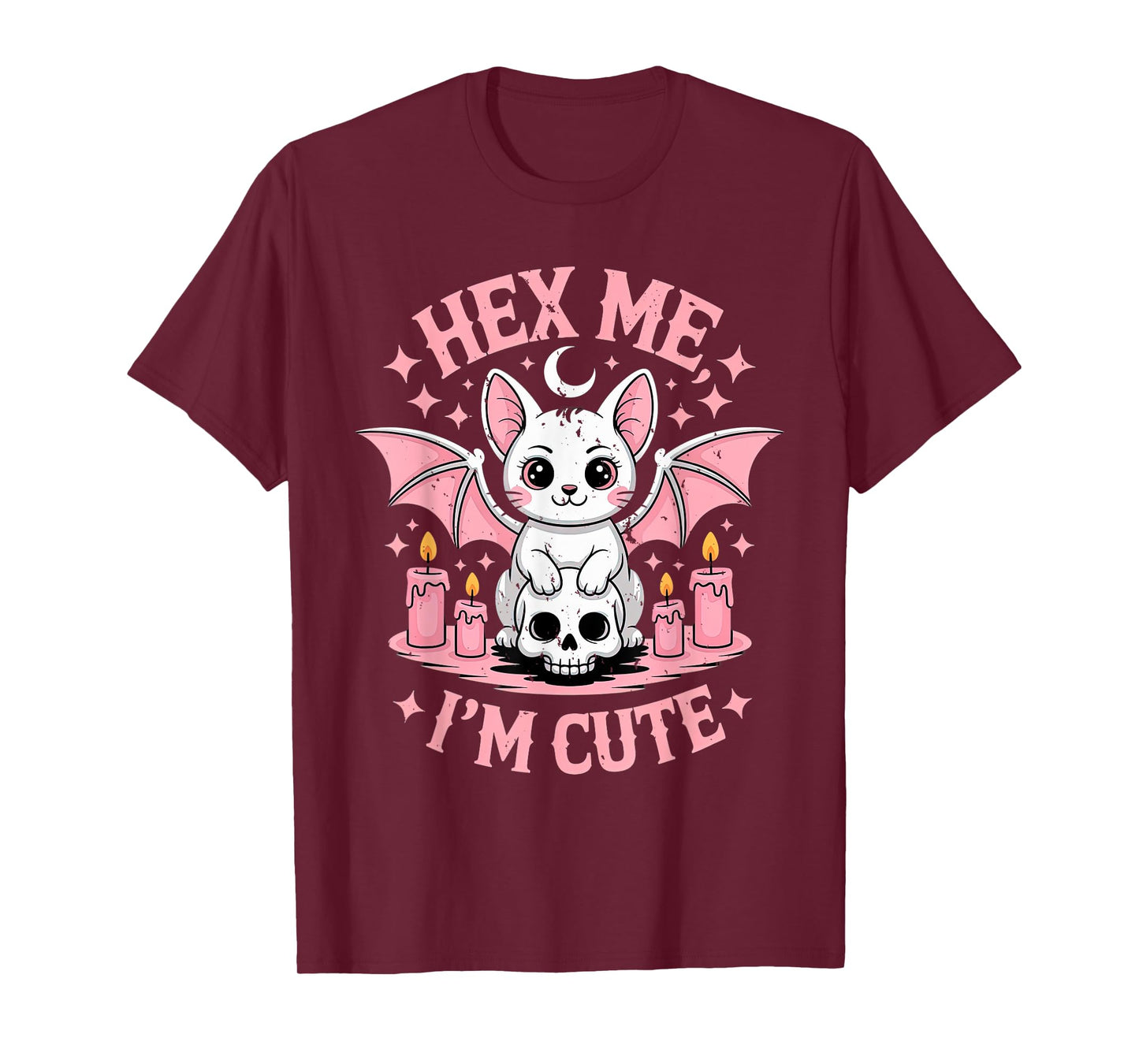 Kawaii Cat with Wings Skull Candles and Crescent Moon in Got T-Shirt