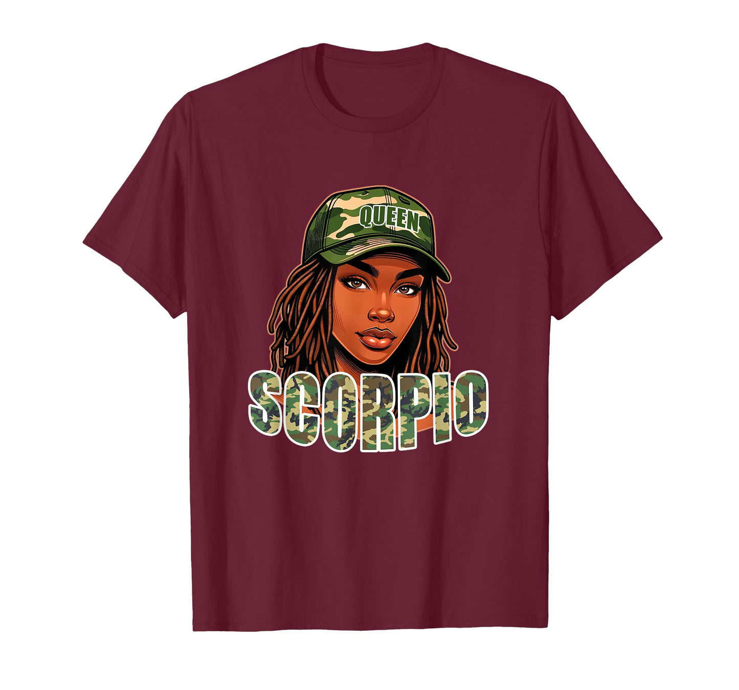 Scorpio Queen Black Woman Camo Hat Locs Birthday T-Shirt
