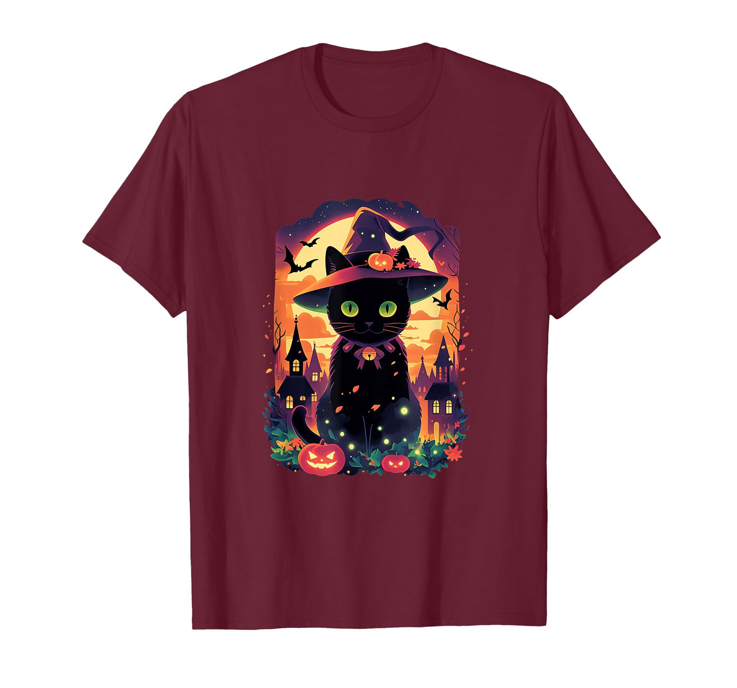 Halloween Cat Design with Witch Hat and Pumpkins T-Shirt