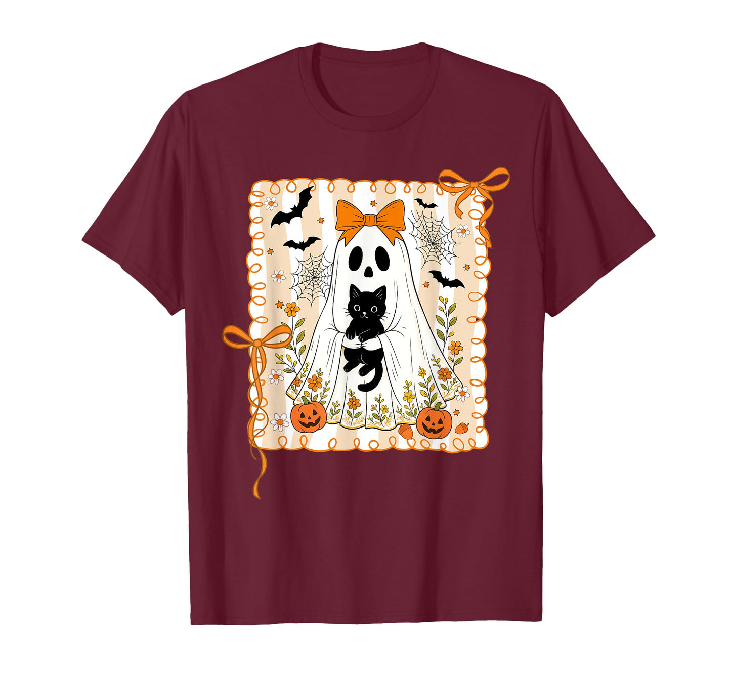 Spooky Ghost Holding Black Cat Halloween Coquette Bow T-Shirt