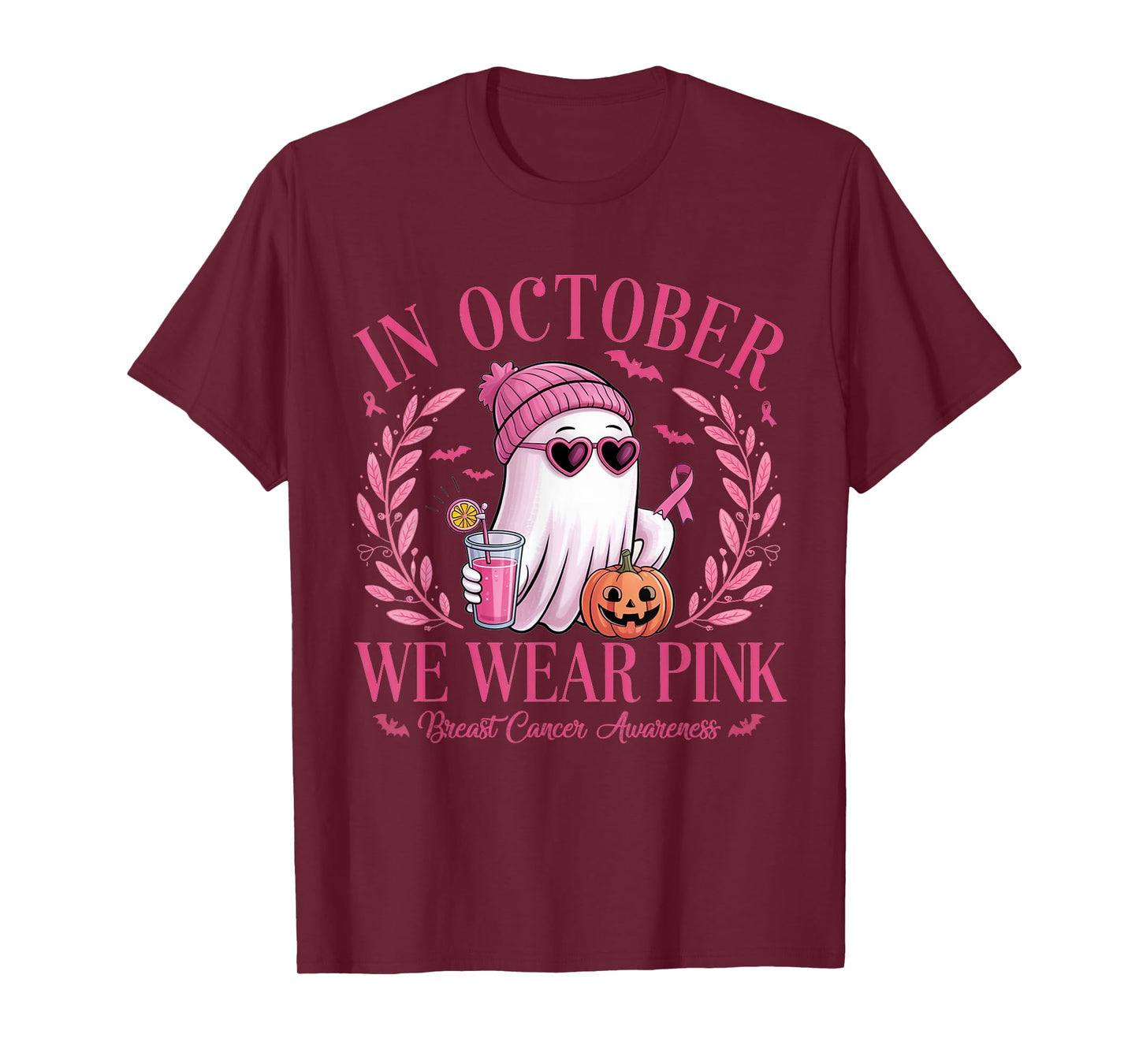 October We Wear Pink Ghost Breast Cancer Awareness Halloween T-Shirt