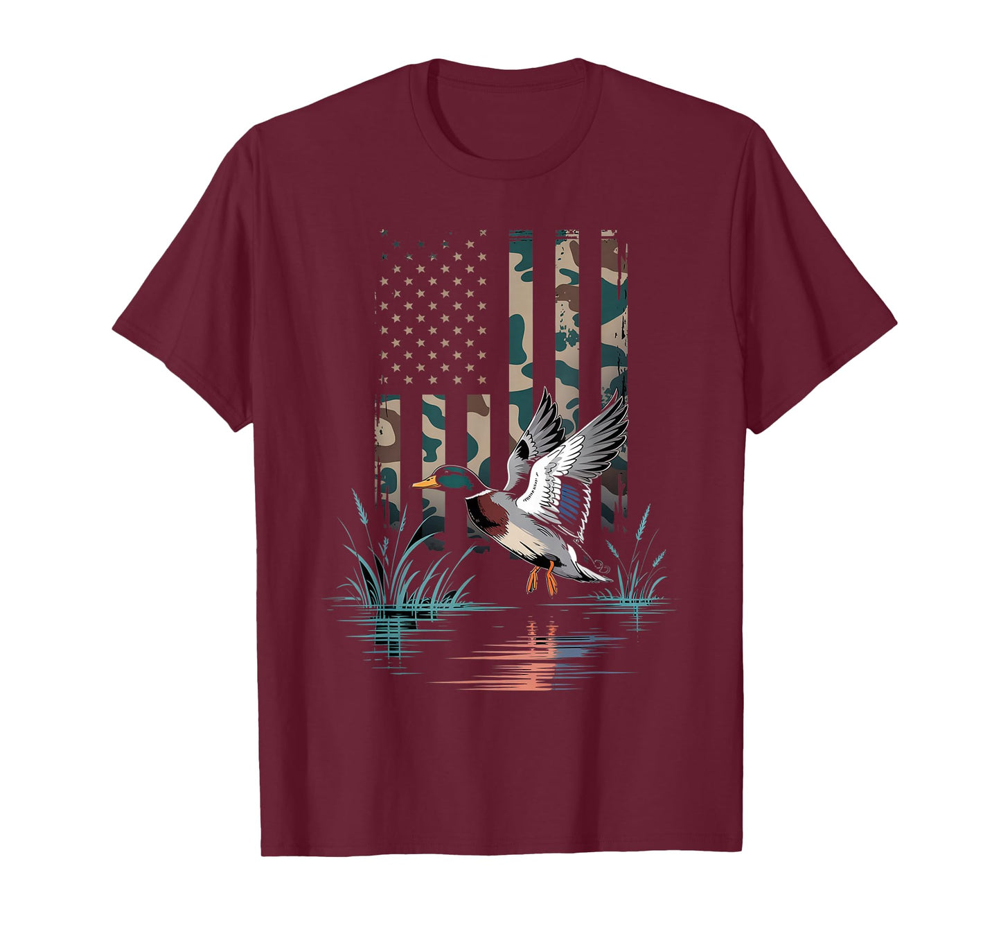 Camo Duck Hunting American Flag Waterfowl USA T-Shirt