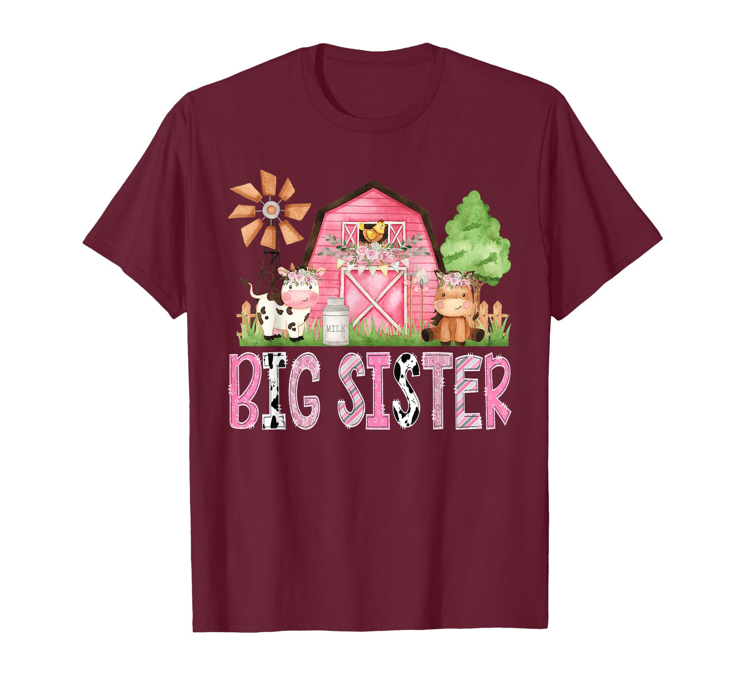 Big Sister Pink Farm Cow Kids Birthday Matching Family T-Shirt
