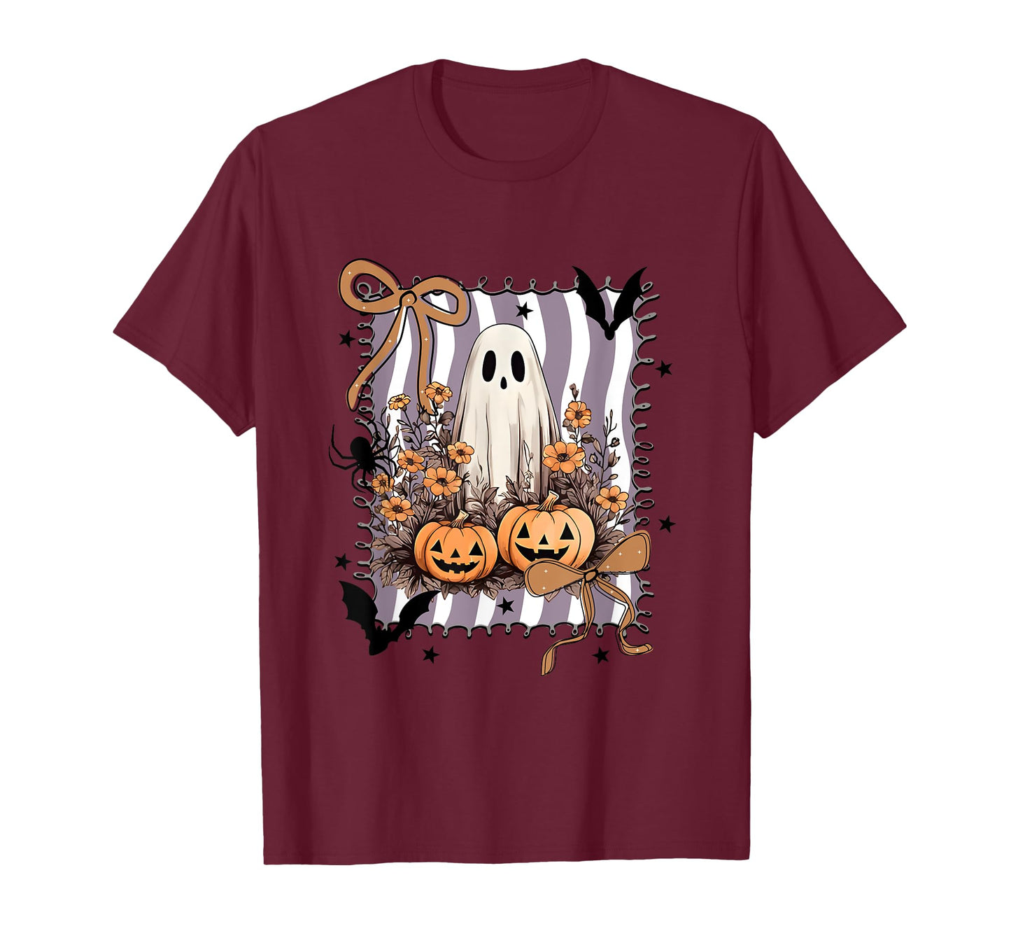 Preppy Floral Ghost Coquette Bow Spooky Season Halloween T-Shirt
