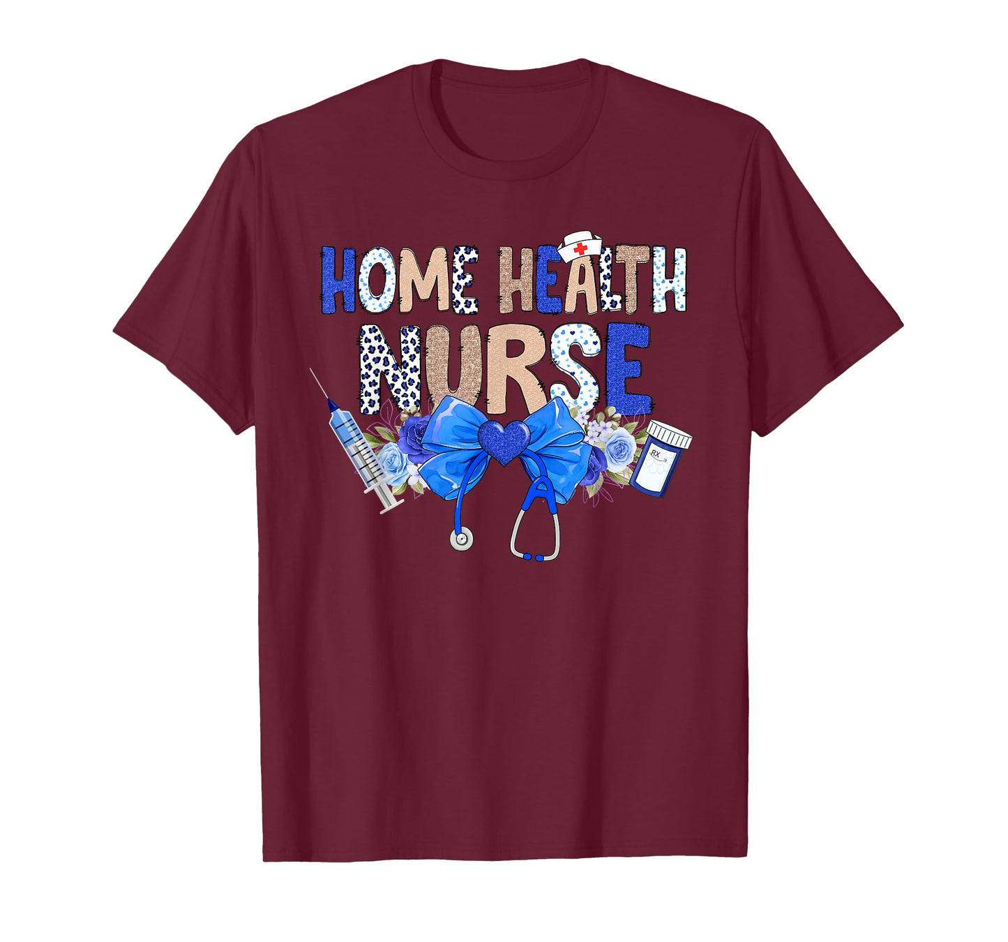 Cute Coquette Home Health Nurse Blue Floral Stethoscope Bow T-Shirt