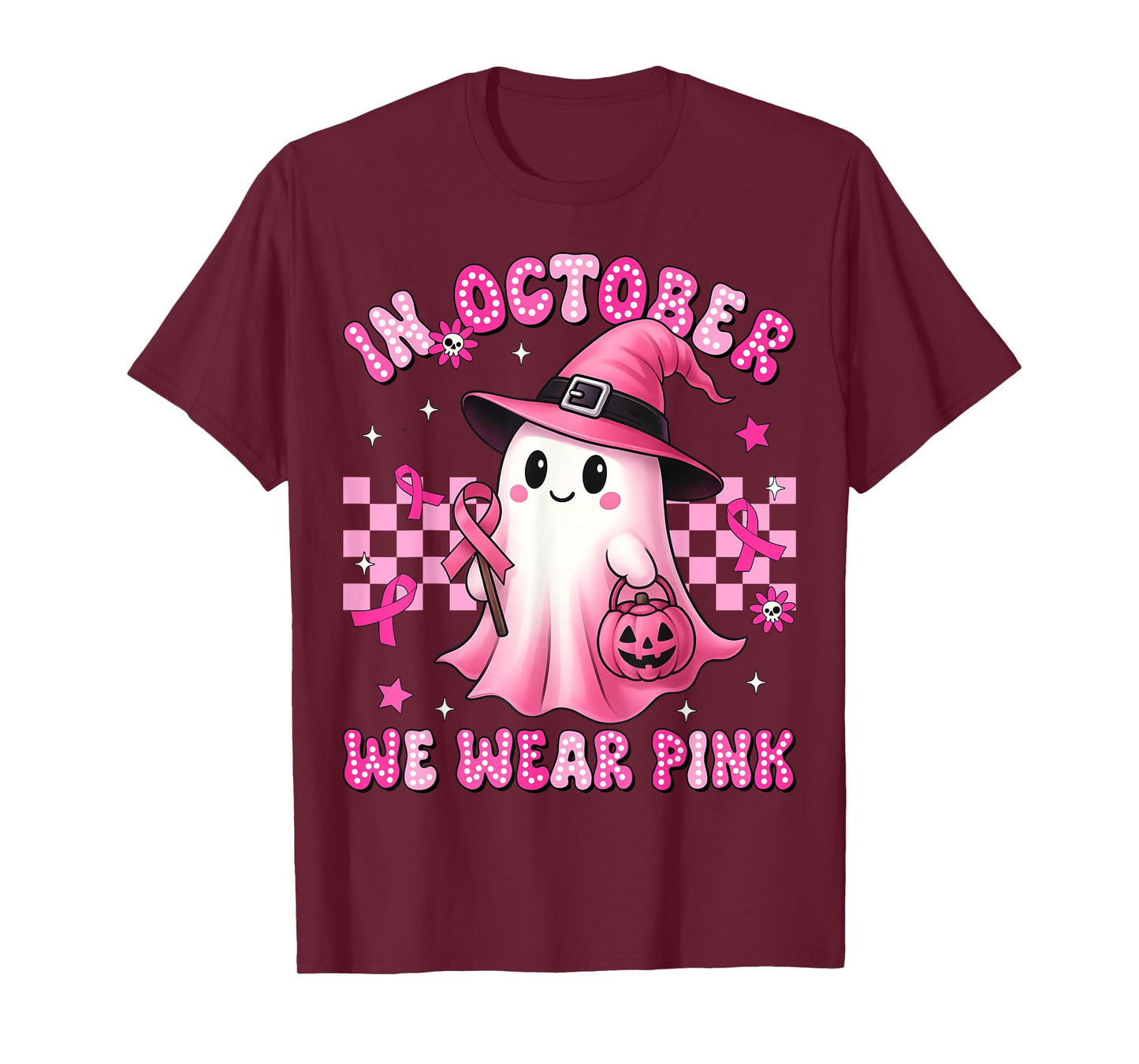 In October We Wear Pink Ghost Witch Breast Cancer Awareness T-Shirt