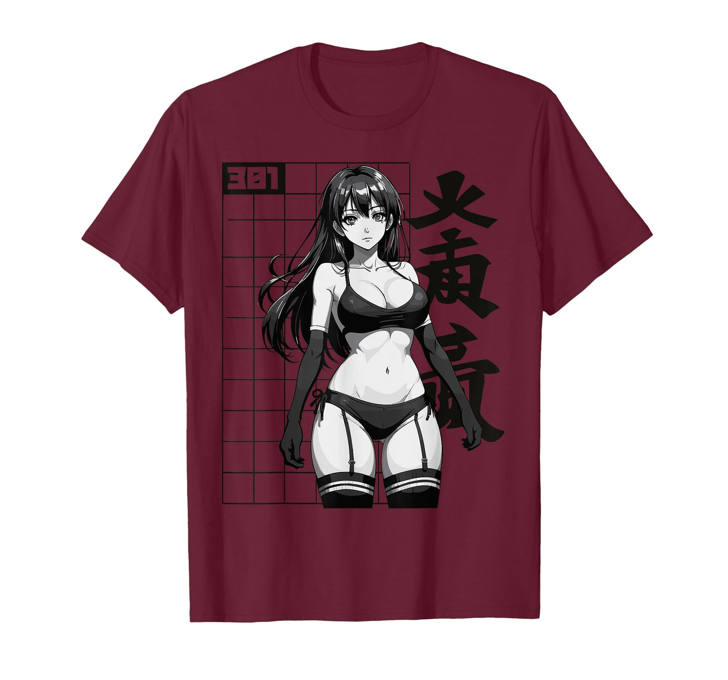 Sexy Waifu Otaku Anime Girl Japanese in Black and White Art T-Shirt